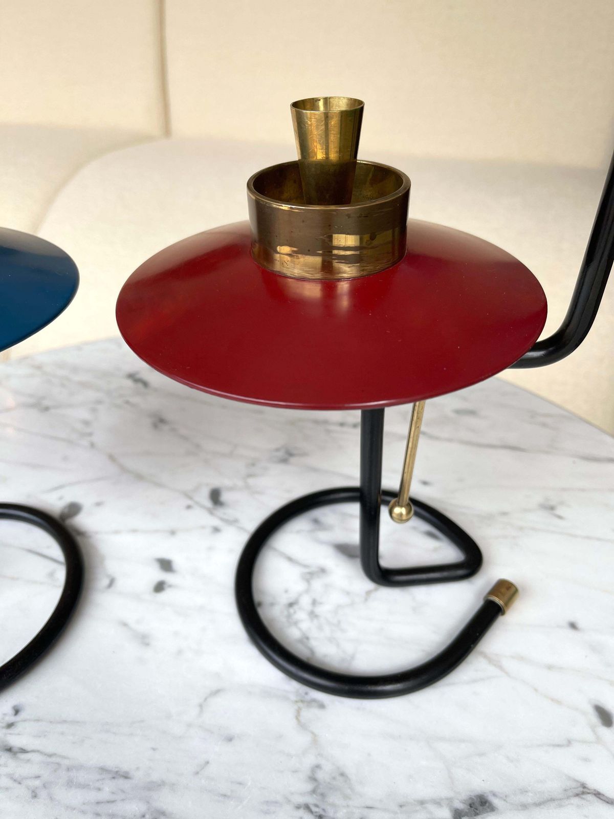 Mid Century Pair Of Candle Holders Lacquered Metal And Brass. Italy, 1950s photo for sale