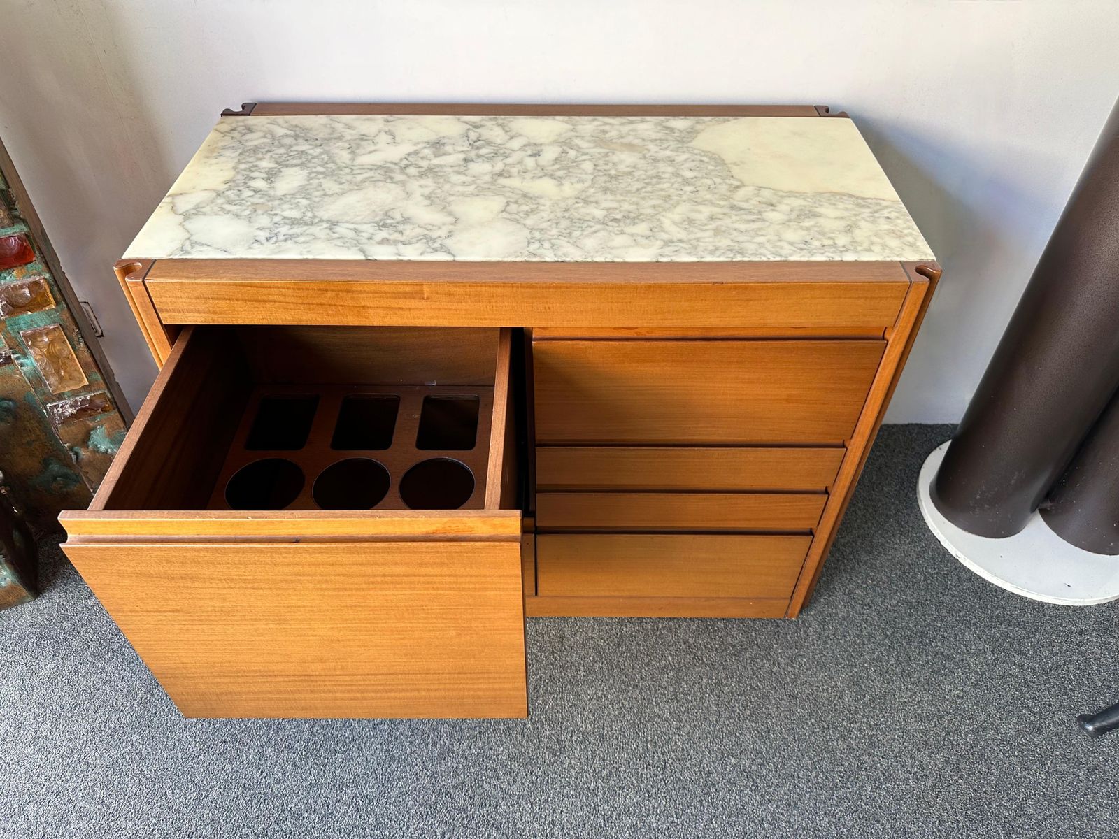 photo for sale Wood And Marble Dry Bar Cart By Angelo Mangiarotti For Molteni, Italy, 1960s
