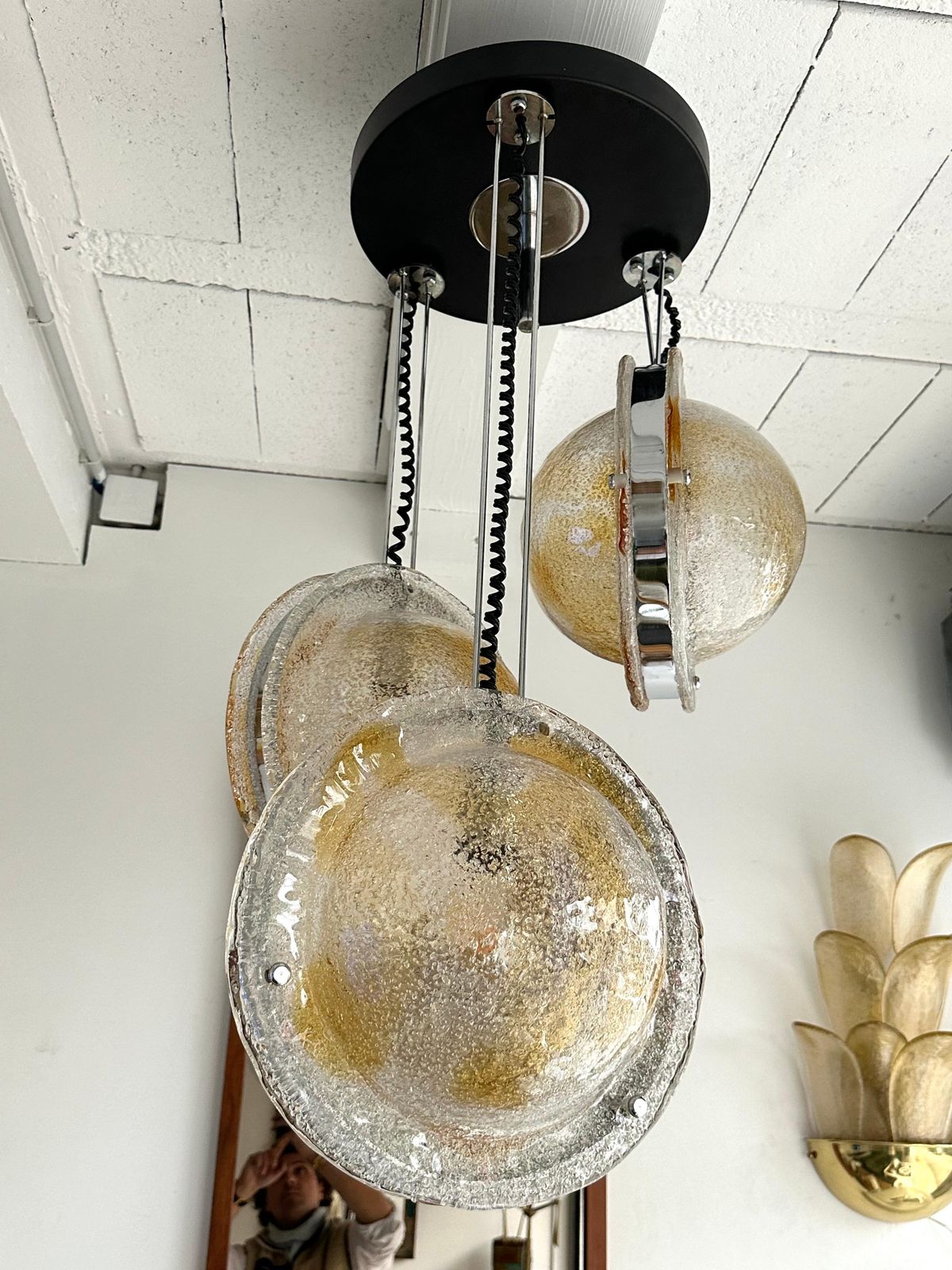 photo vintage Planetarium Chandelier Amber Murano Glass And Metal By Veart, Italy, 1970s