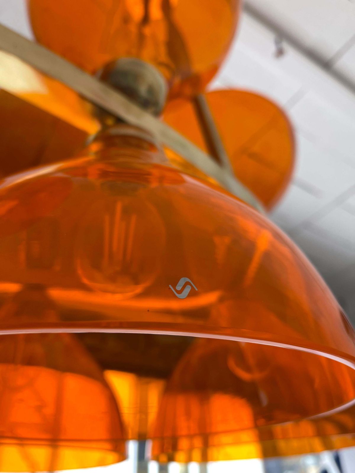 photo for sale Large Contemporary Brass Chandelier Orange Murano Glass Cup, Italy