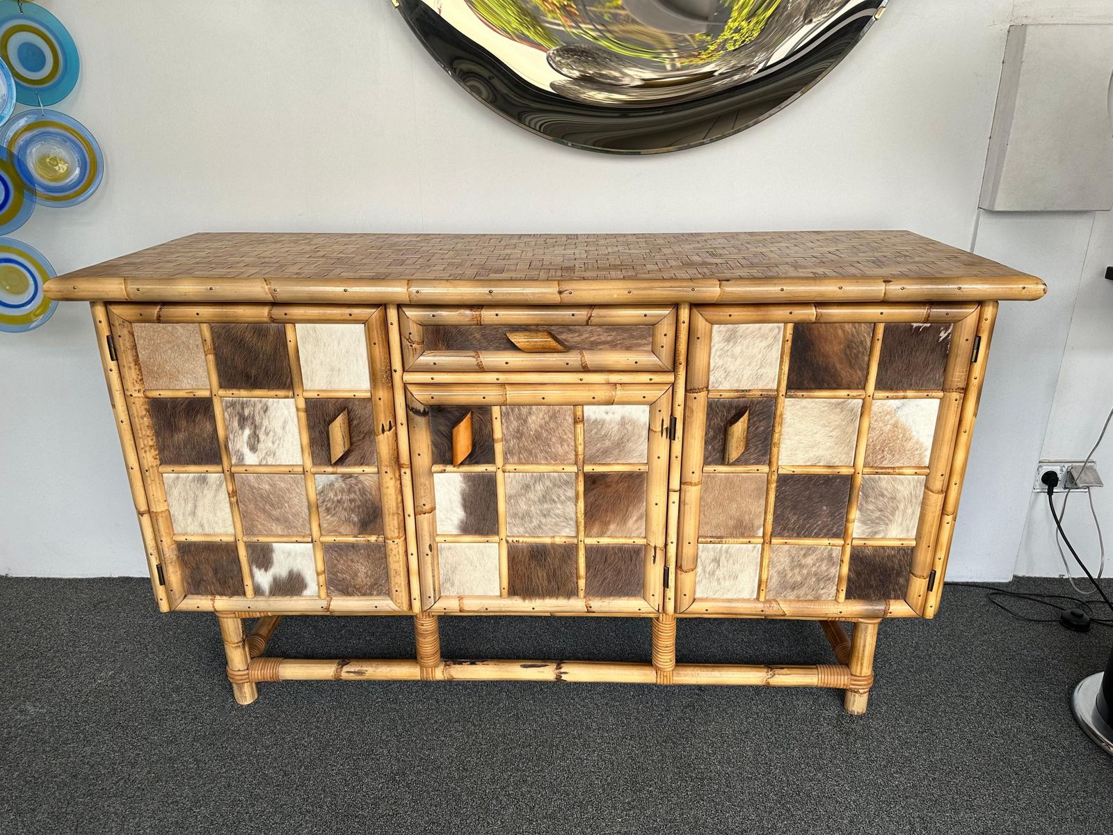 Bamboo Wood And Cow Leather Buffet Dry Bar. Italy, 1970s photo furniture