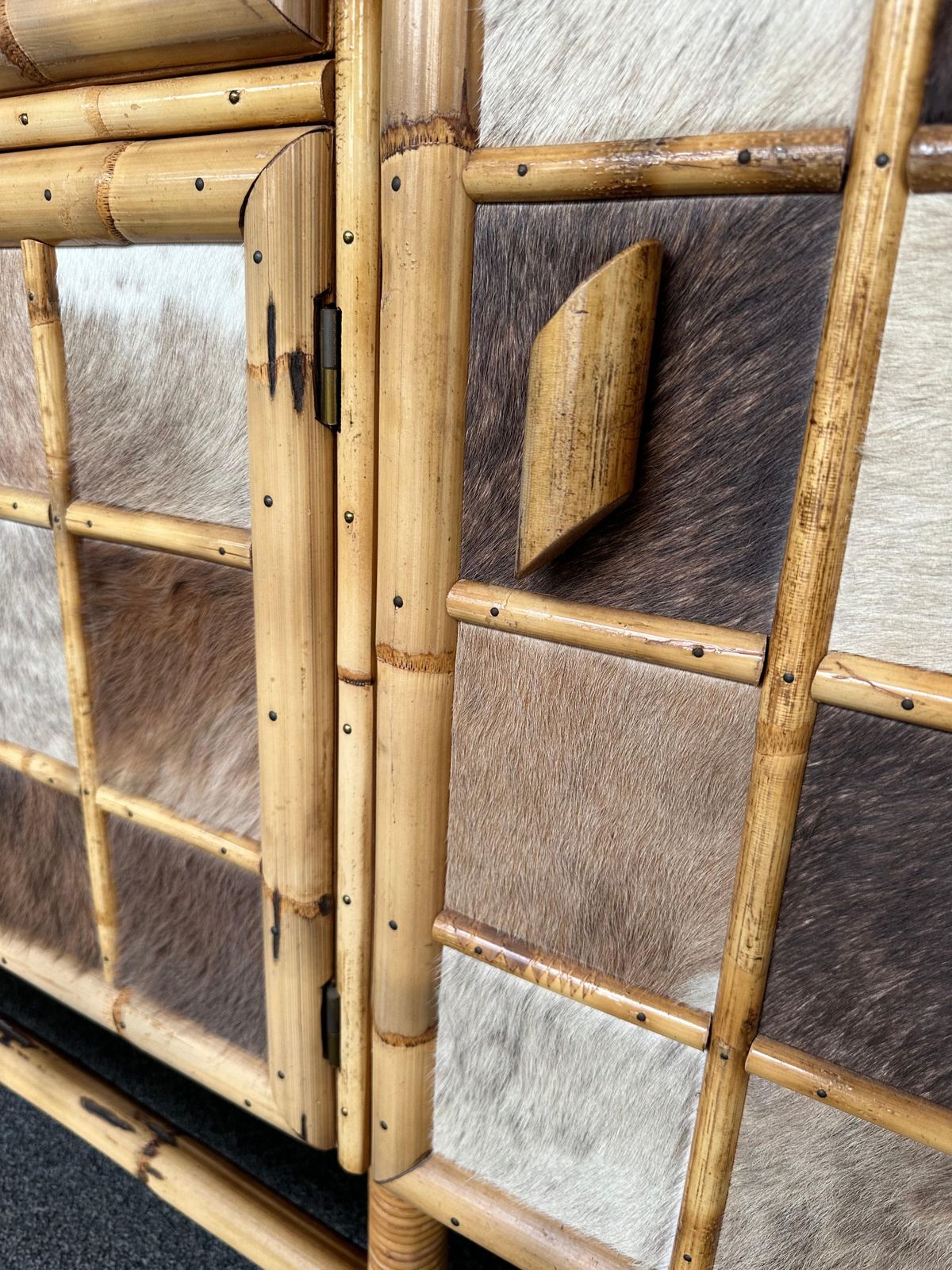 Bamboo Wood And Cow Leather Buffet Dry Bar. Italy, 1970s photo Furniture