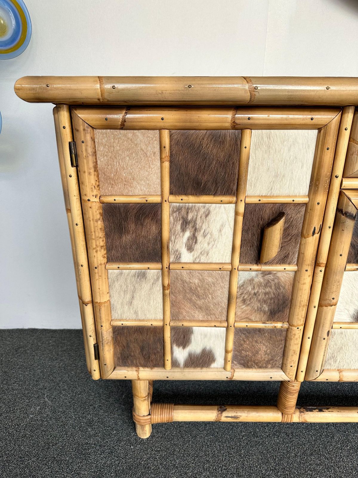 Bamboo Wood And Cow Leather Buffet Dry Bar. Italy, 1970s photo vinterior