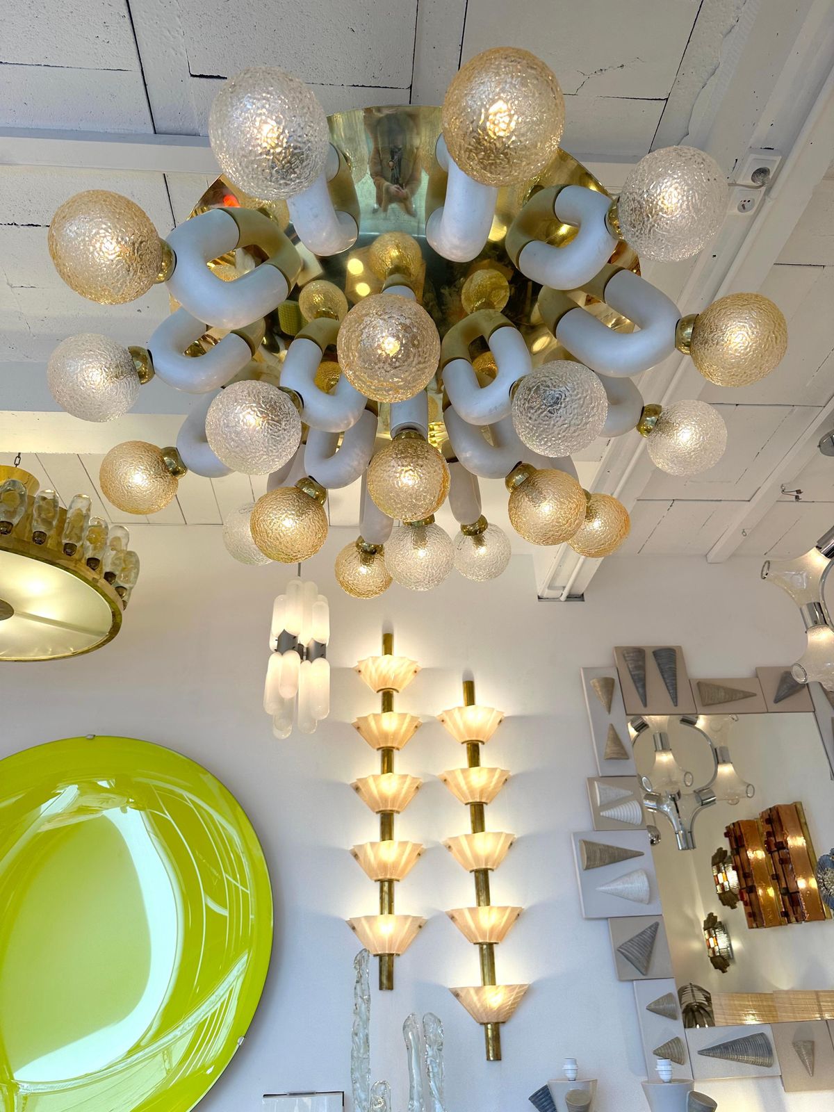 Large Contemporary U Ceramic Chandelier Brass And Murano Glass , Italy photo for sale