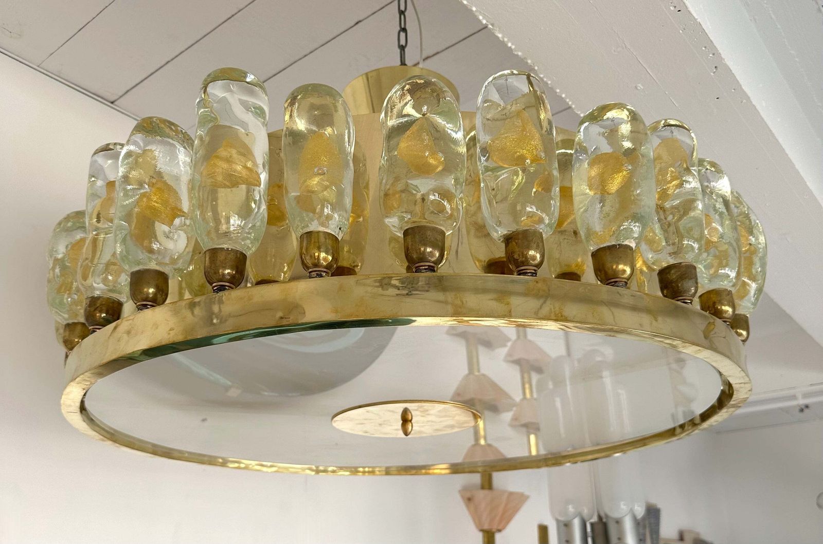Contemporary Brass Chandelier And Murano Glass Gold Leaf Flame , Italy