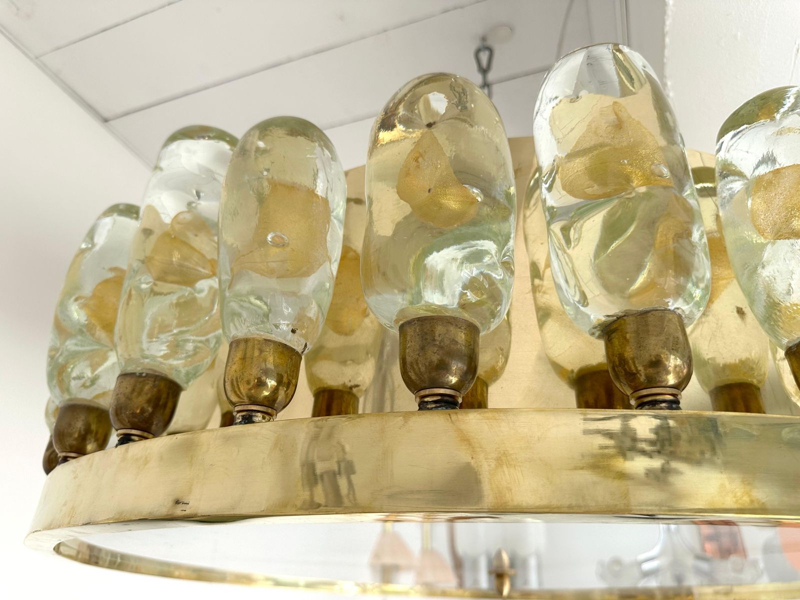 Contemporary Brass Chandelier And Murano Glass Gold Leaf Flame , Italy photo furniture