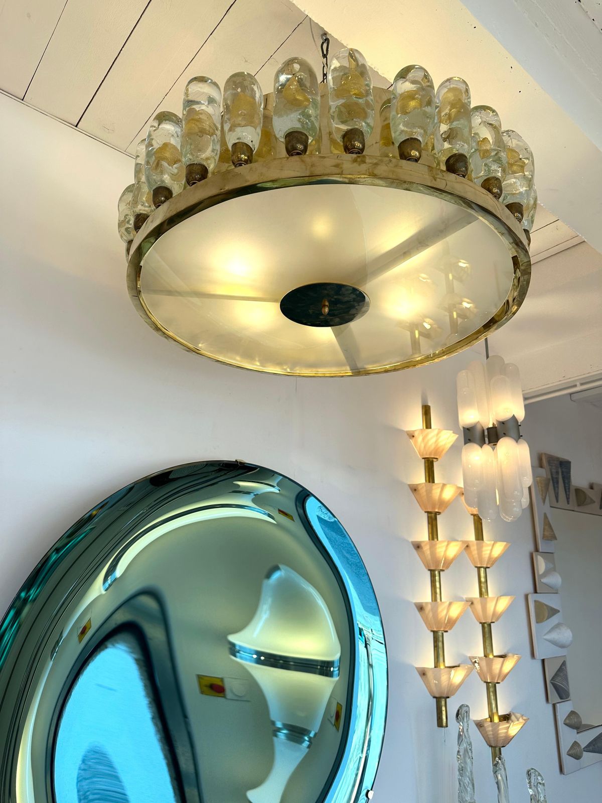 Contemporary Brass Chandelier And Murano Glass Gold Leaf Flame , Italy photo vintage