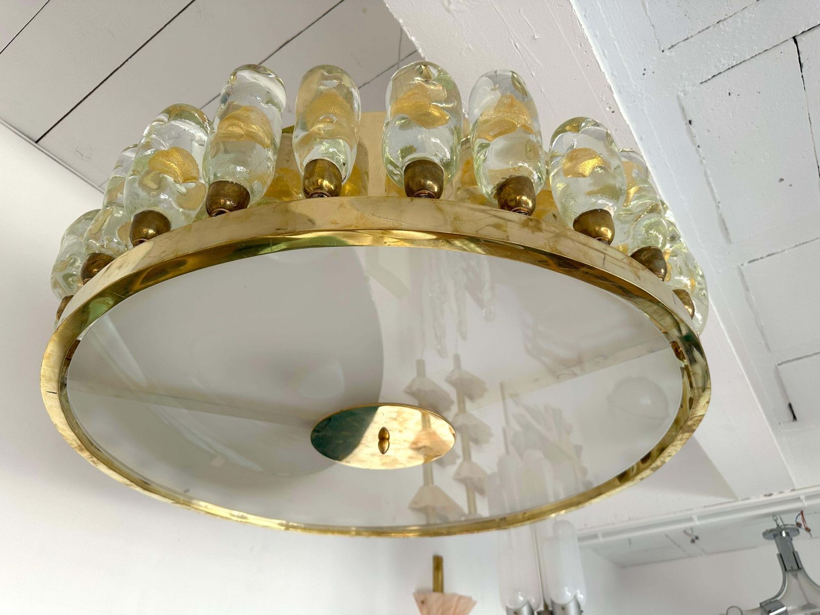 10263.0 Contemporary Brass Chandelier And Murano Glass Gold Leaf Flame , Italy photo