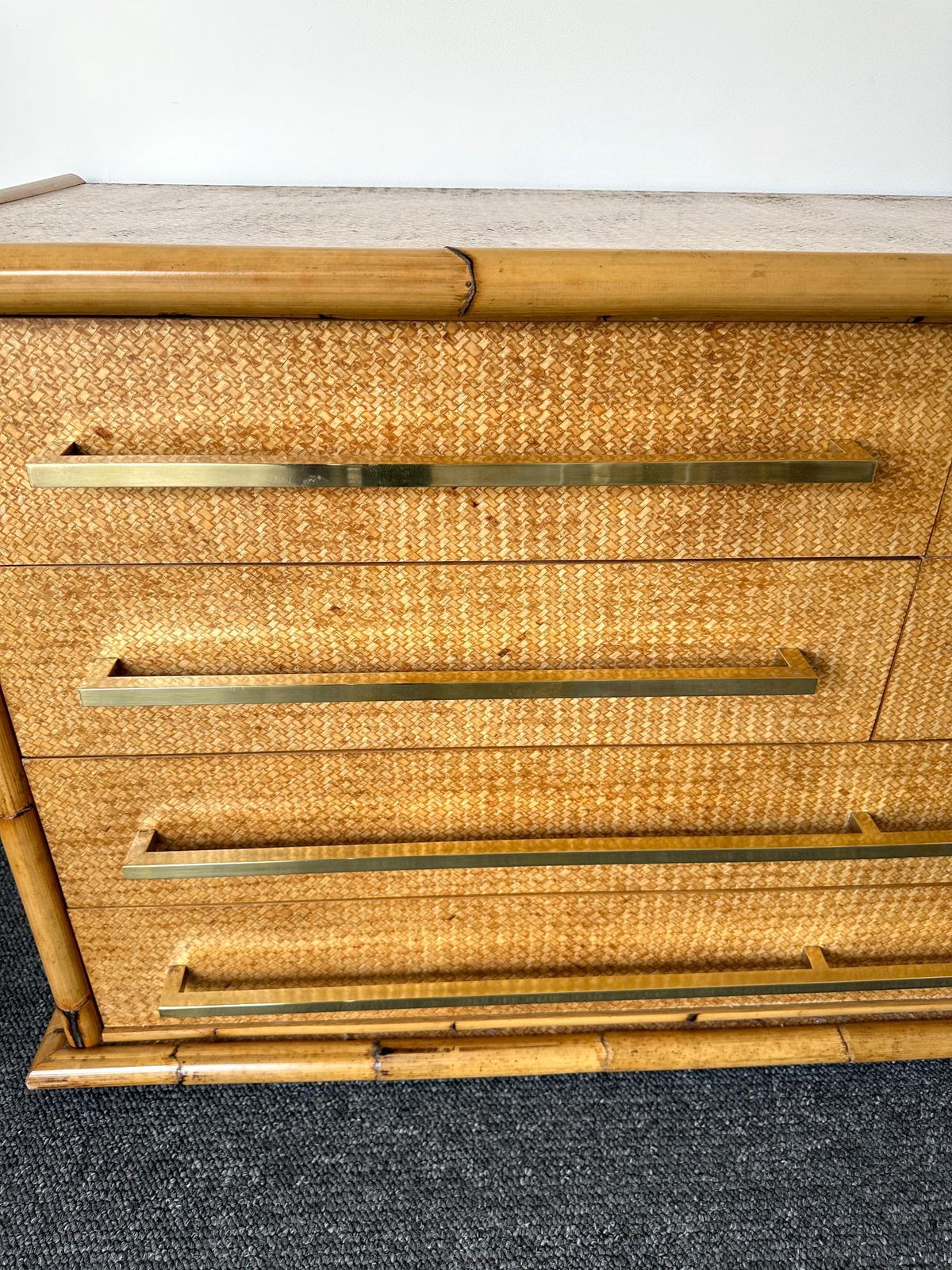 Bamboo Rattan Brass Chest Of Drawers By Vivai Del Sud. Italy, 1970s photo buy