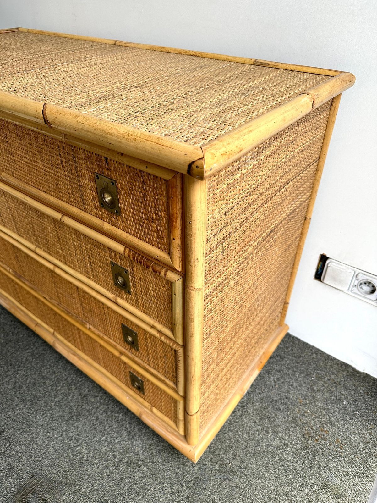 Bamboo Rattan And Brass Chest Of Drawers By Dal Vera, Italy, 1970s photo for sale