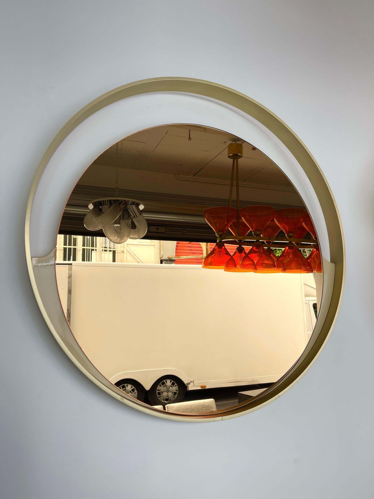 photo for sale Brass Round Mirror Gold Tinted Glass By Modernindustria, Italy, 1970s