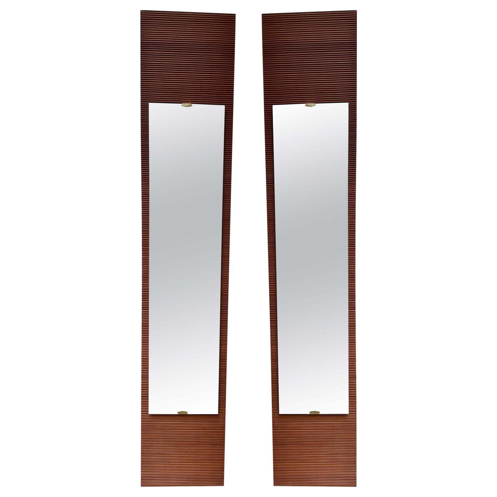 Mid Century Wood Stripe And Brass Mirror, Italy, 1950s