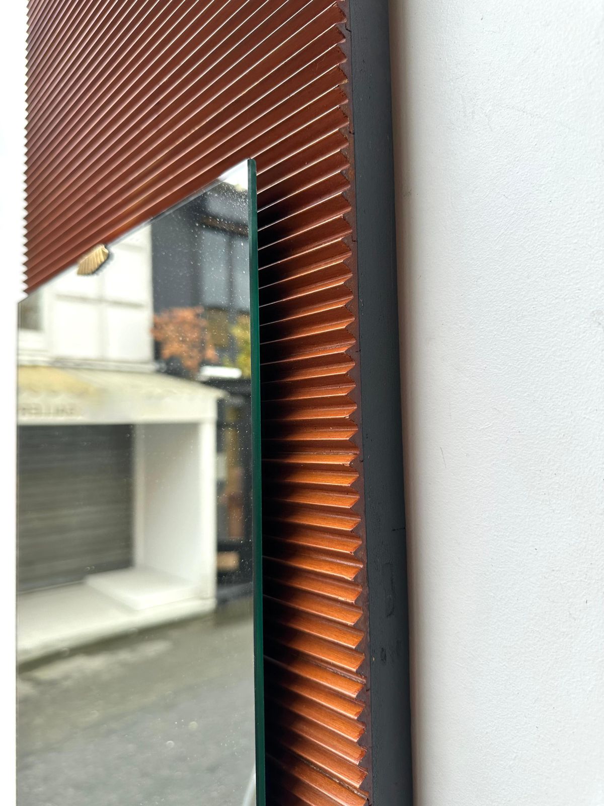 Mid Century Wood Stripe And Brass Mirror, Italy, 1950s photo vintage