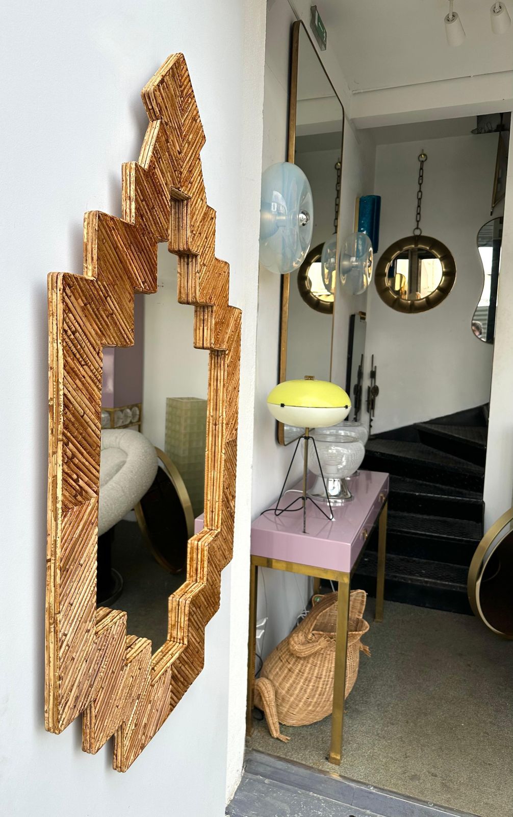 photo vinterior Rattan Pyramid Mirror By Vivai Del Sud. Italy, 1970s