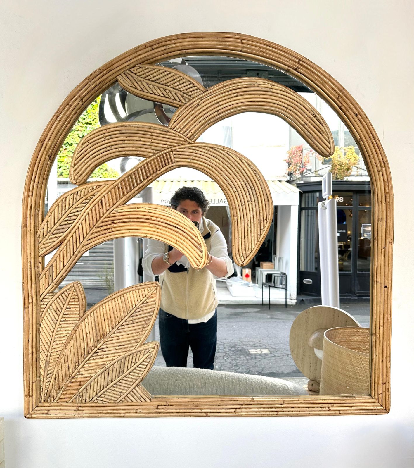 Rattan Palm Tree Mirror By Vivai Del Sud. Italy, 1970s photo vintage