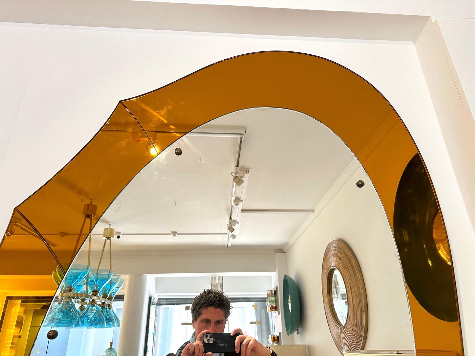 photo for sale Extra Large Lightning Mirror Amber Glass By Cristal Art, Italy, 1960s