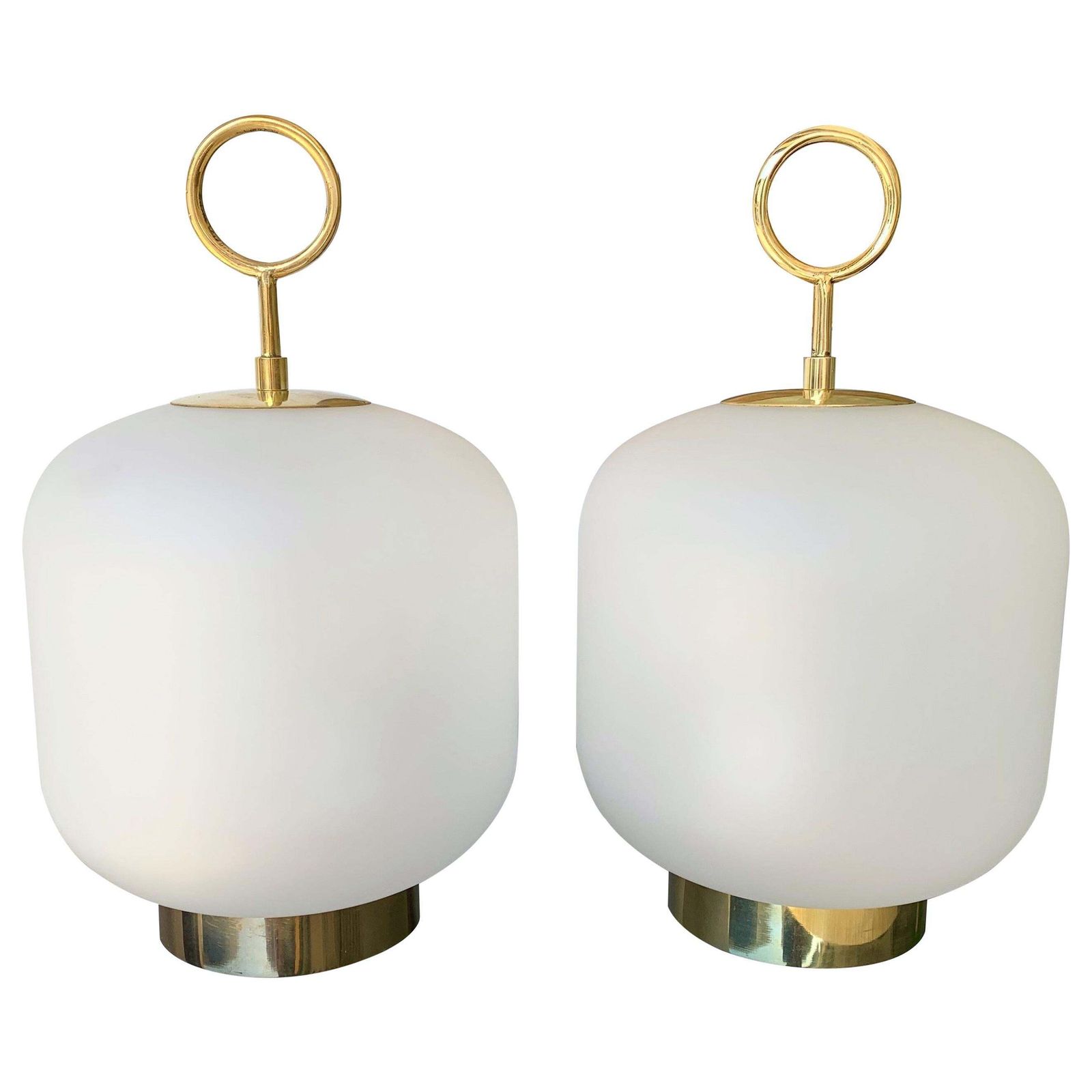Contemporary Pair Of Murano Glass Medium Can Lamps Brass Ring, Italy