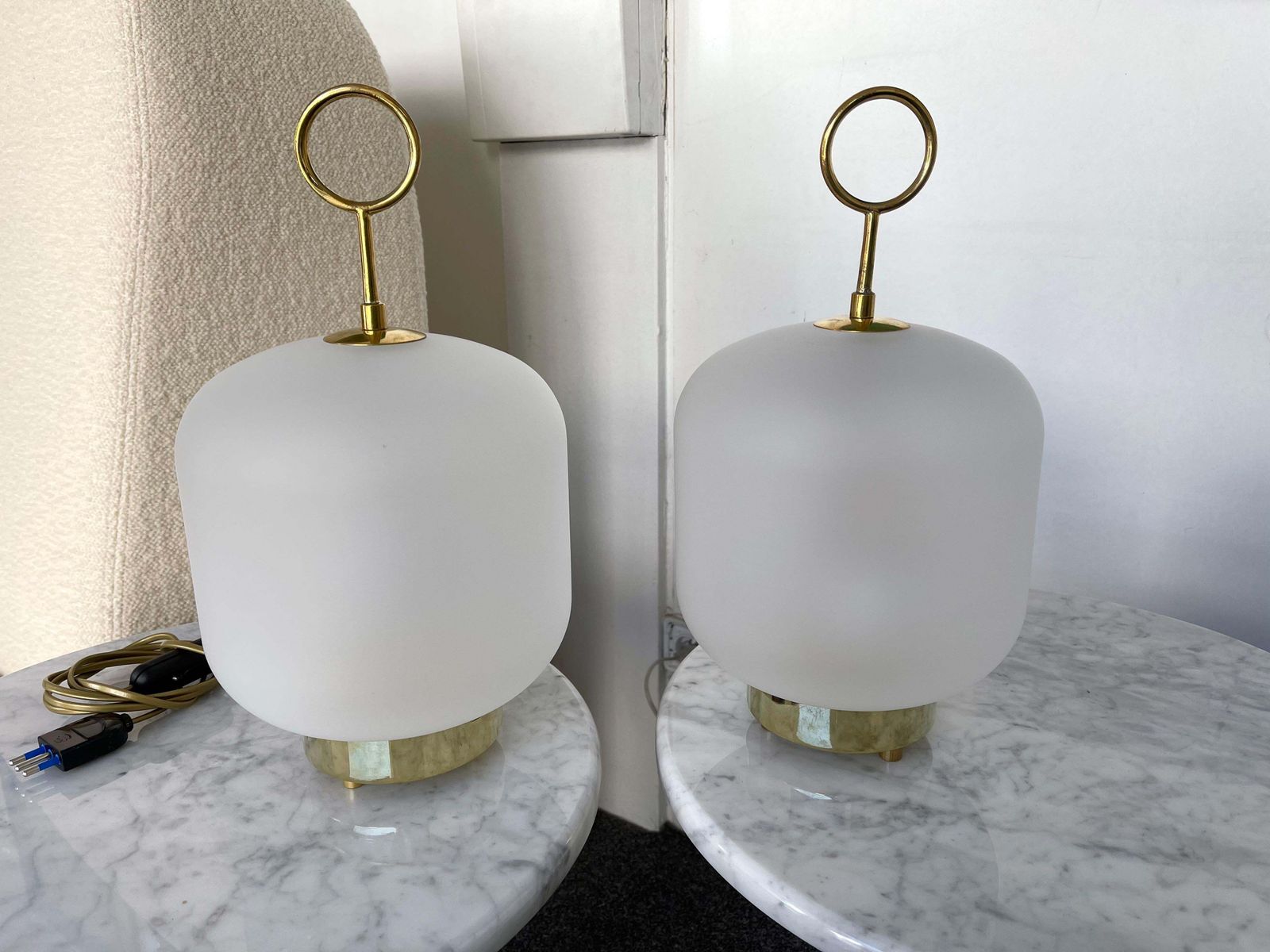 photo for sale Contemporary Pair Of Murano Glass Medium Can Lamps Brass Ring, Italy