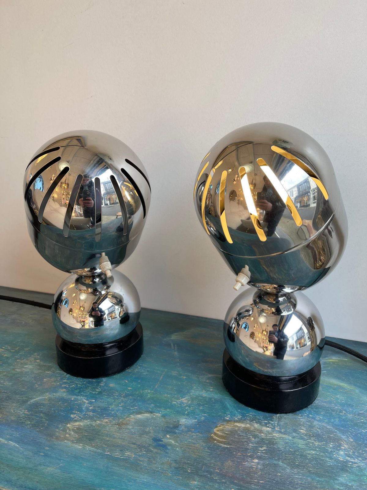 Pair Of Space Age Metal Chrome Lamps By Reggiani, Italy, 1970s photo for sale