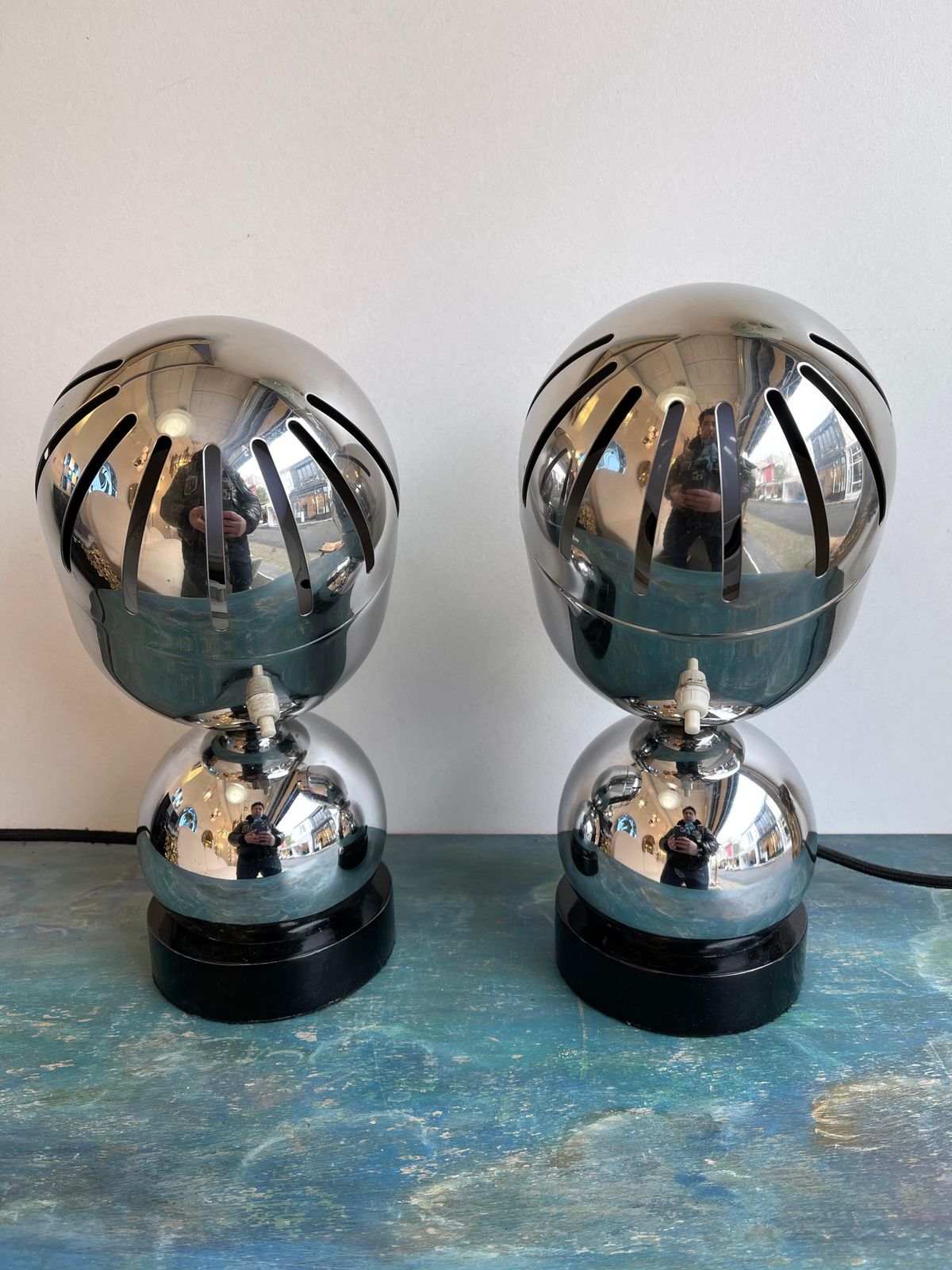 photo for sale Pair Of Space Age Metal Chrome Lamps By Reggiani, Italy, 1970s