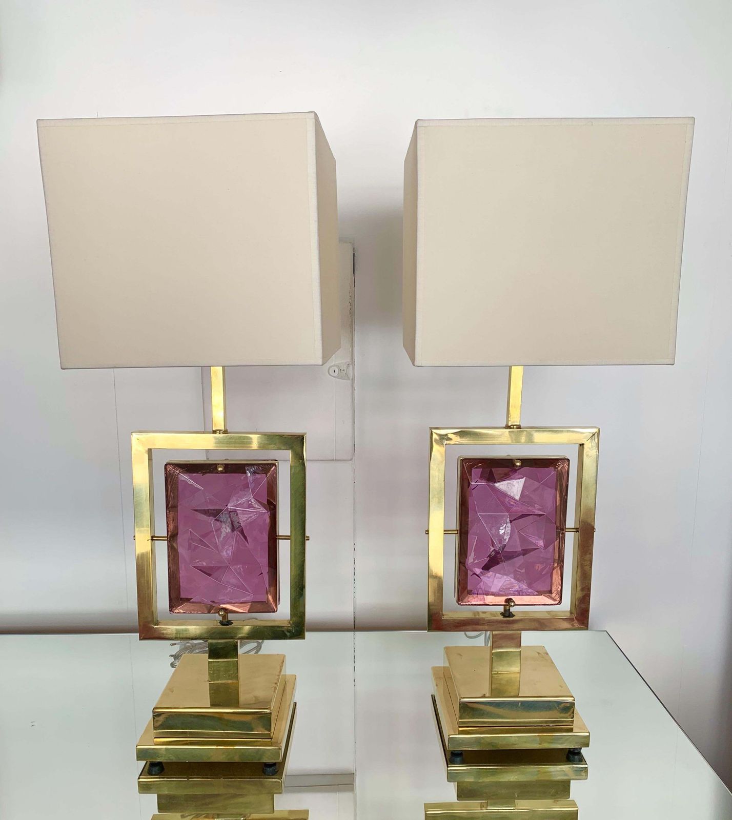 Contemporary Pair Of Brass Lamps Murano Glass, Italy photo for sale