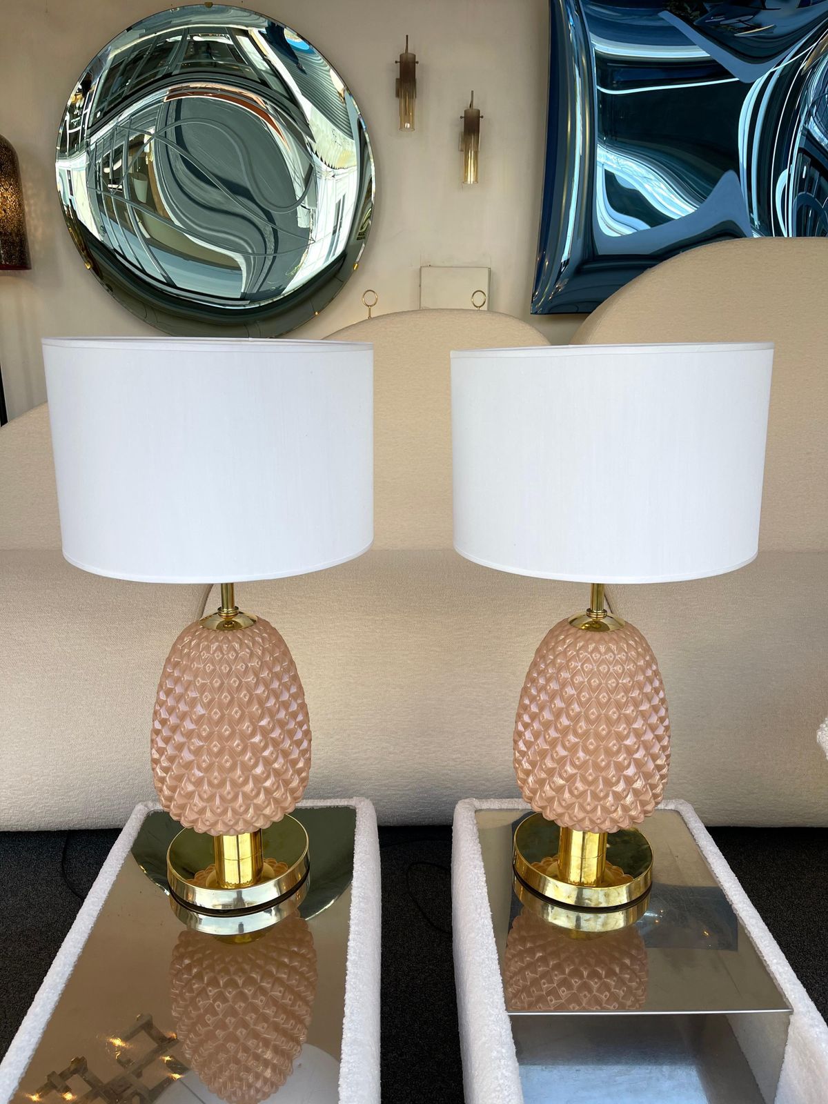 Contemporary Pair Of Pink Pineapple Murano Glass And Brass Lamps, Italy photo furniture