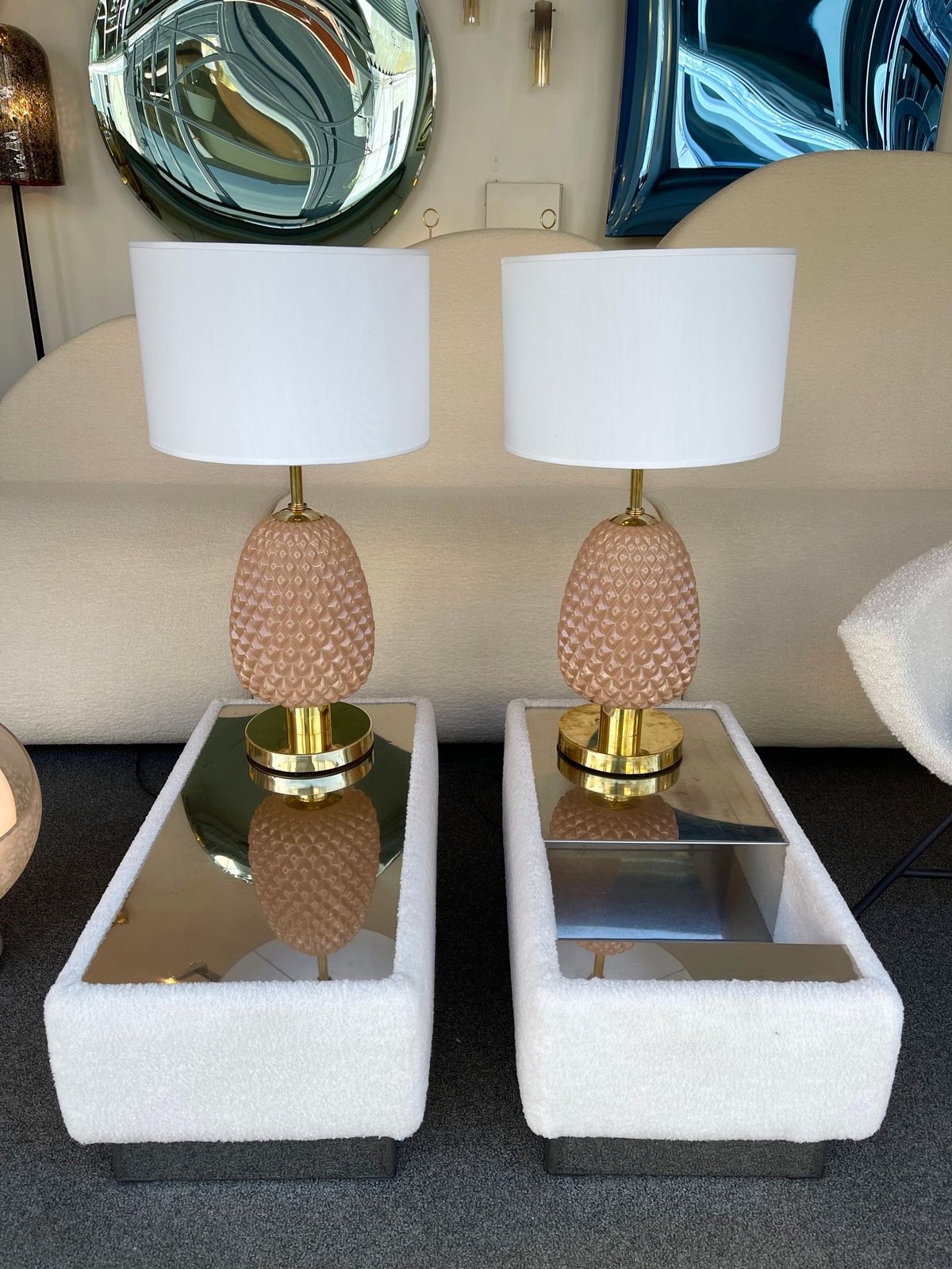 Contemporary Pair Of Pink Pineapple Murano Glass And Brass Lamps, Italy photo buy