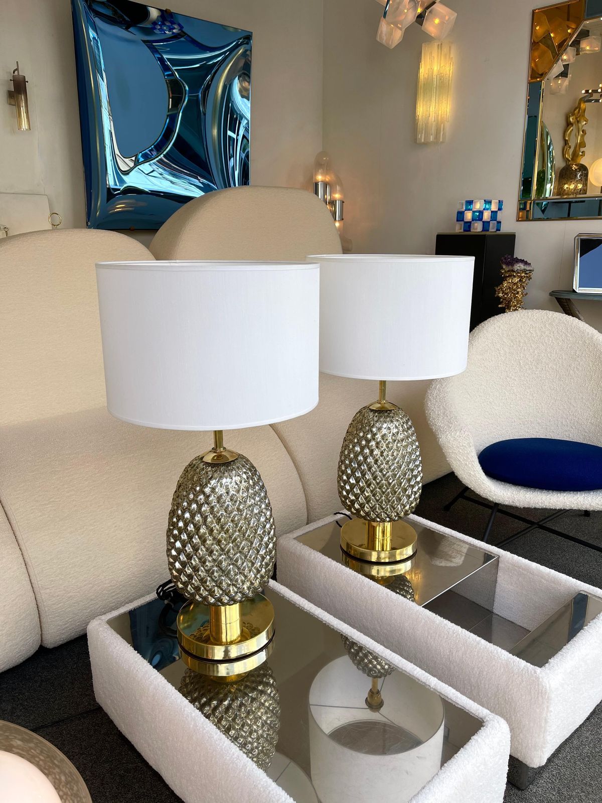 Contemporary Pair Of Silver Gold Pineapple Murano Glass And Brass Lamps, Italy photo vintage