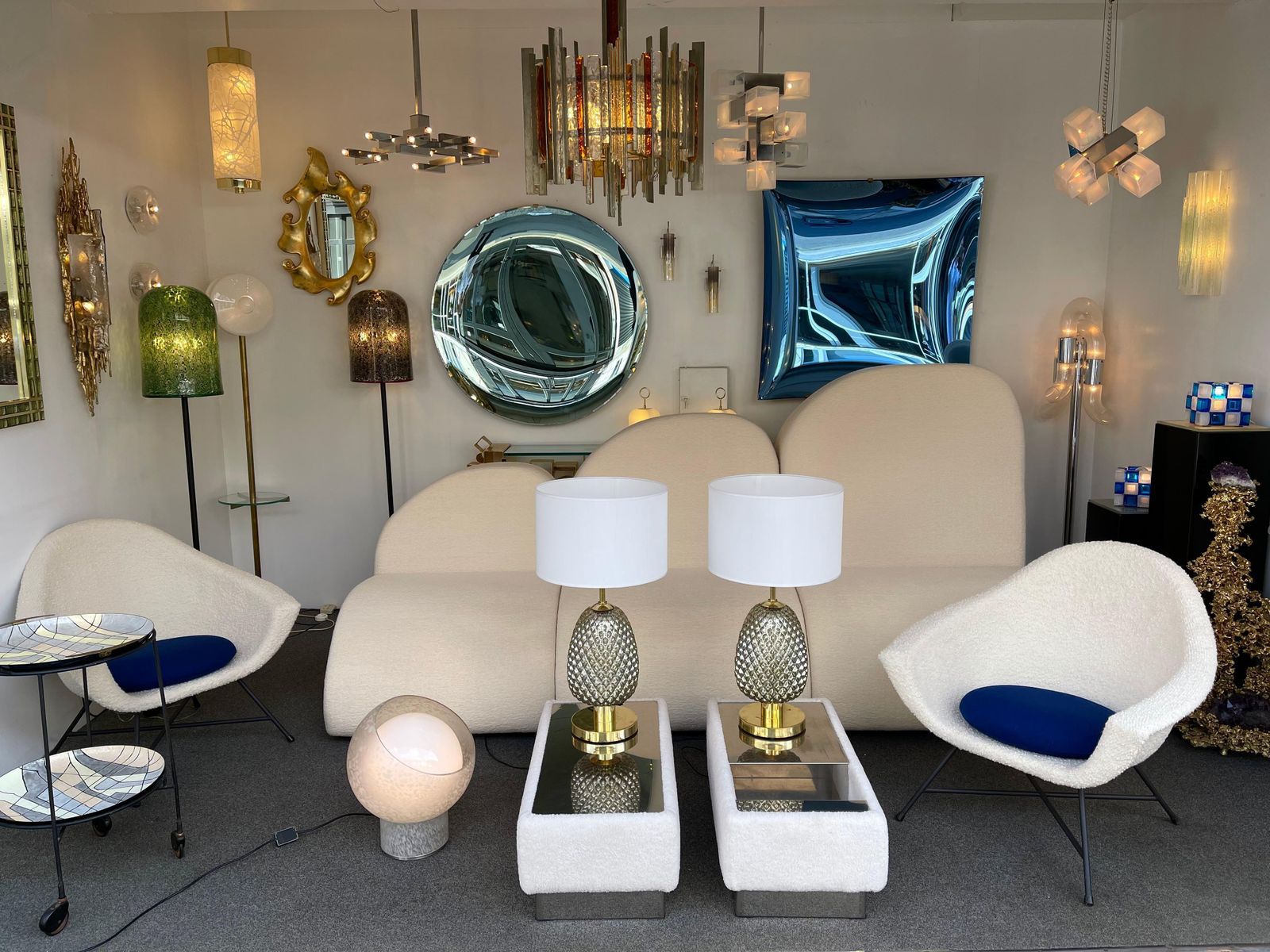 photo for sale Contemporary Pair Of Silver Gold Pineapple Murano Glass And Brass Lamps, Italy