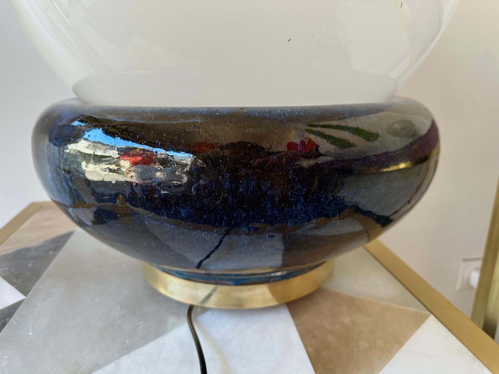 Large Contemporary Brass Murano Glass And Ceramic Lamp, Italy photo vinterior