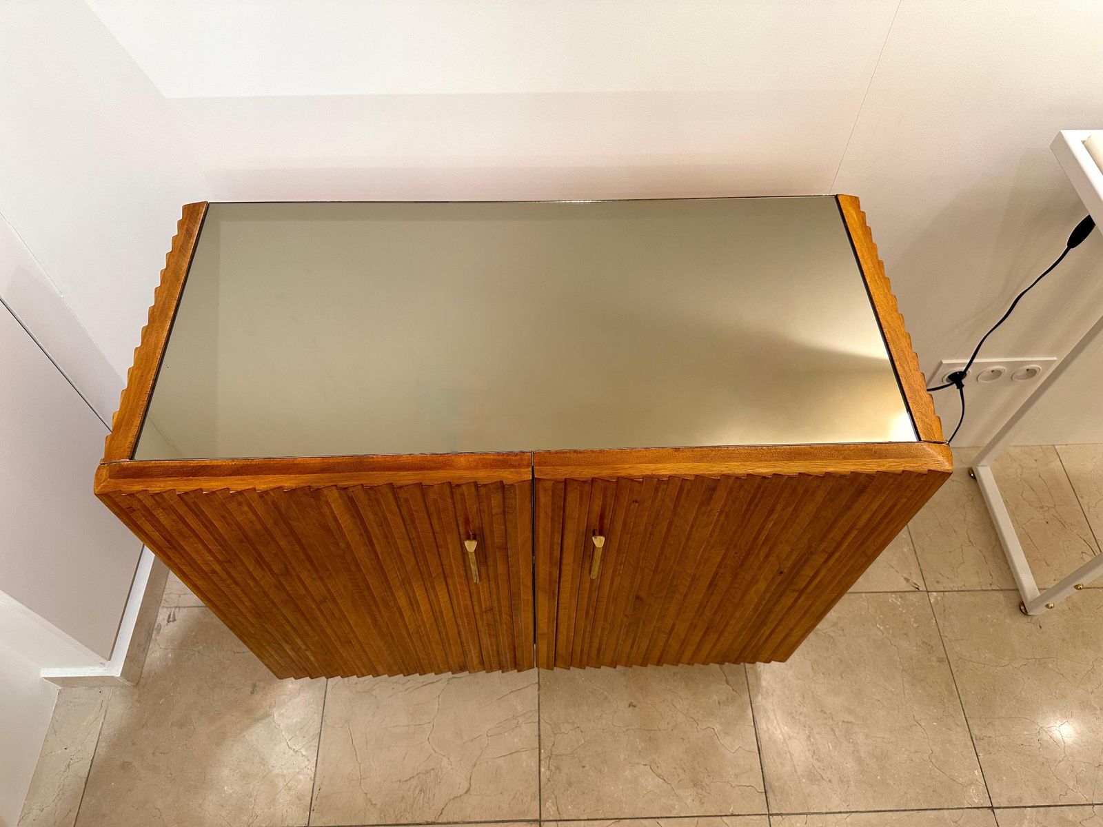 photo furniture Contemporary Pair Of Wood Plissé Brass Mirror Buffets Cabinets, Italy