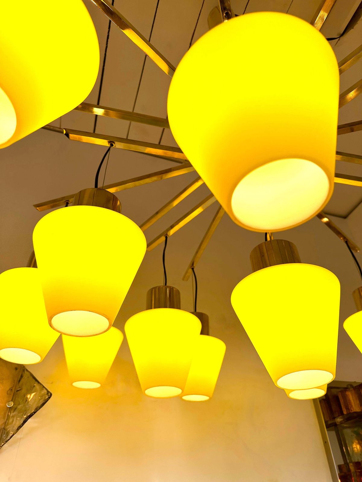 Large Contemporary Brass Chandelier Yellow Murano Glass Cup, Italy photo Lighting