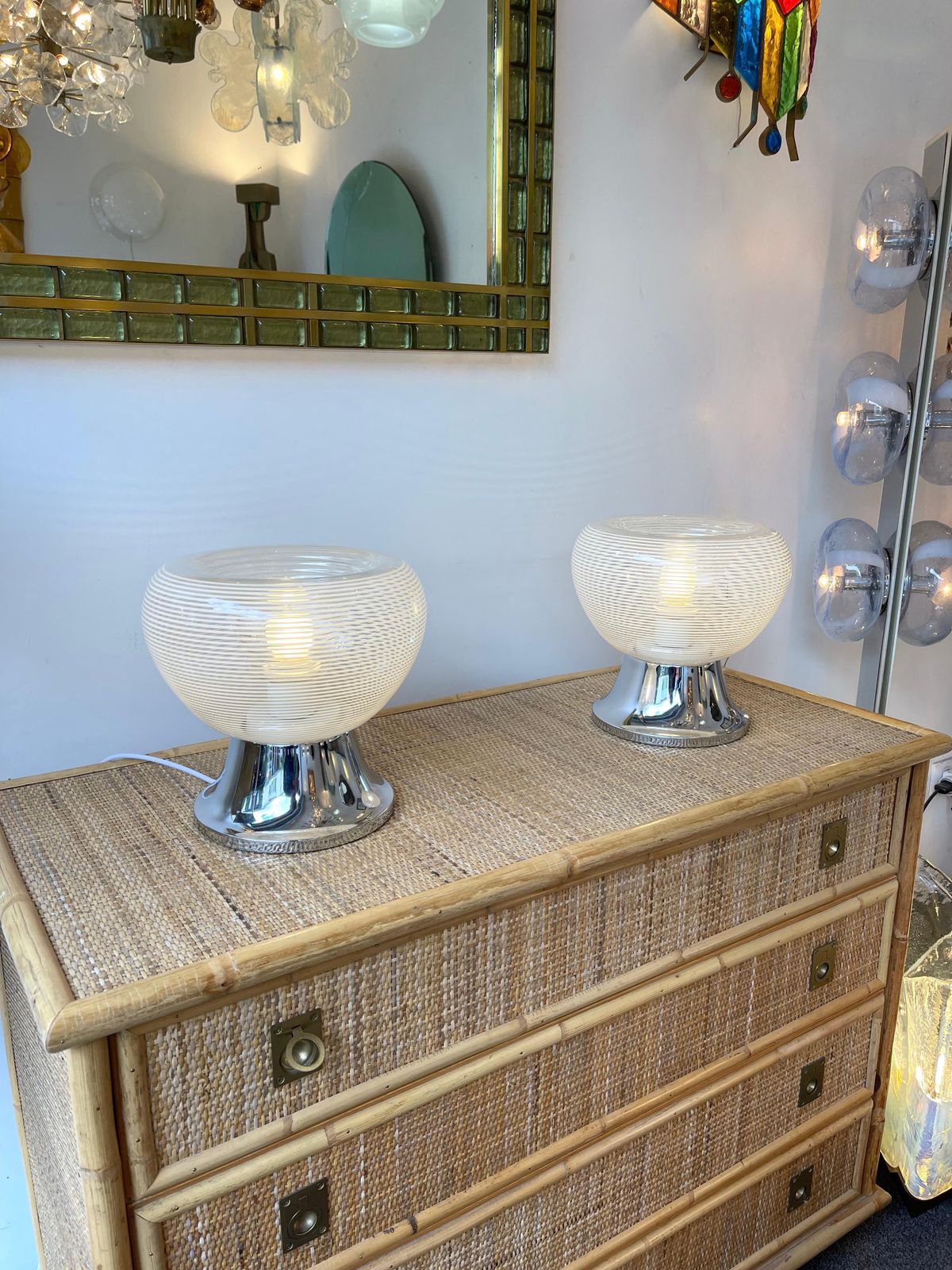 Pair Of Stripe Murano Glass And Metal Chrome Lamps By Veart, Italy, 1970s photo Lighting