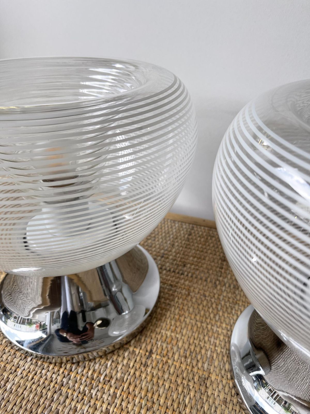 photo furniture Pair Of Stripe Murano Glass And Metal Chrome Lamps By Veart, Italy, 1970s