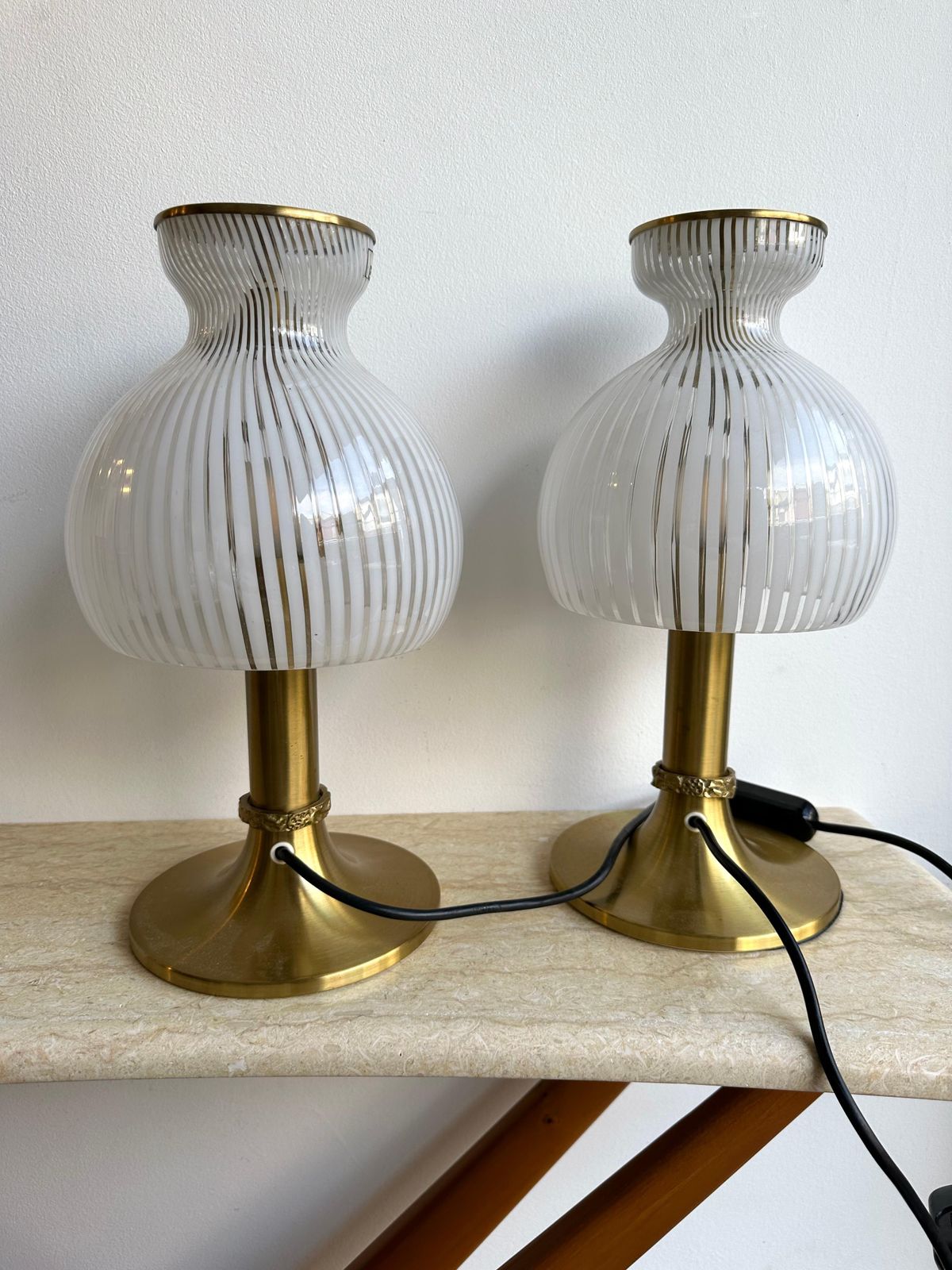 Pair Of Lamps Brass And Murano Glass By Angelo Brotto For Esperia. Italy, 1970s photo for sale