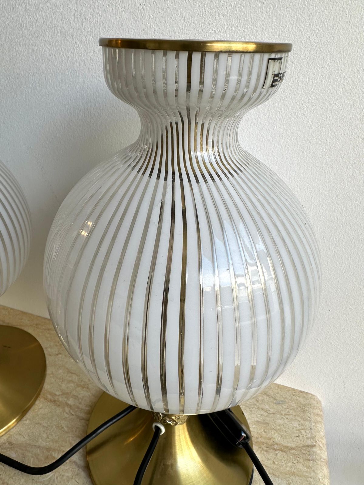 photo for sale Pair Of Lamps Brass And Murano Glass By Angelo Brotto For Esperia. Italy, 1970s