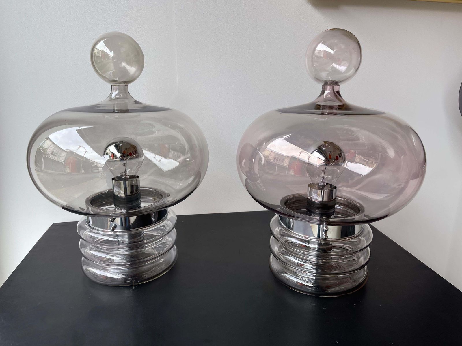 Pair Of Gray Smoke Glass And Metal Lamps By Glashütte Limburg, Germany, 1970s photo buy