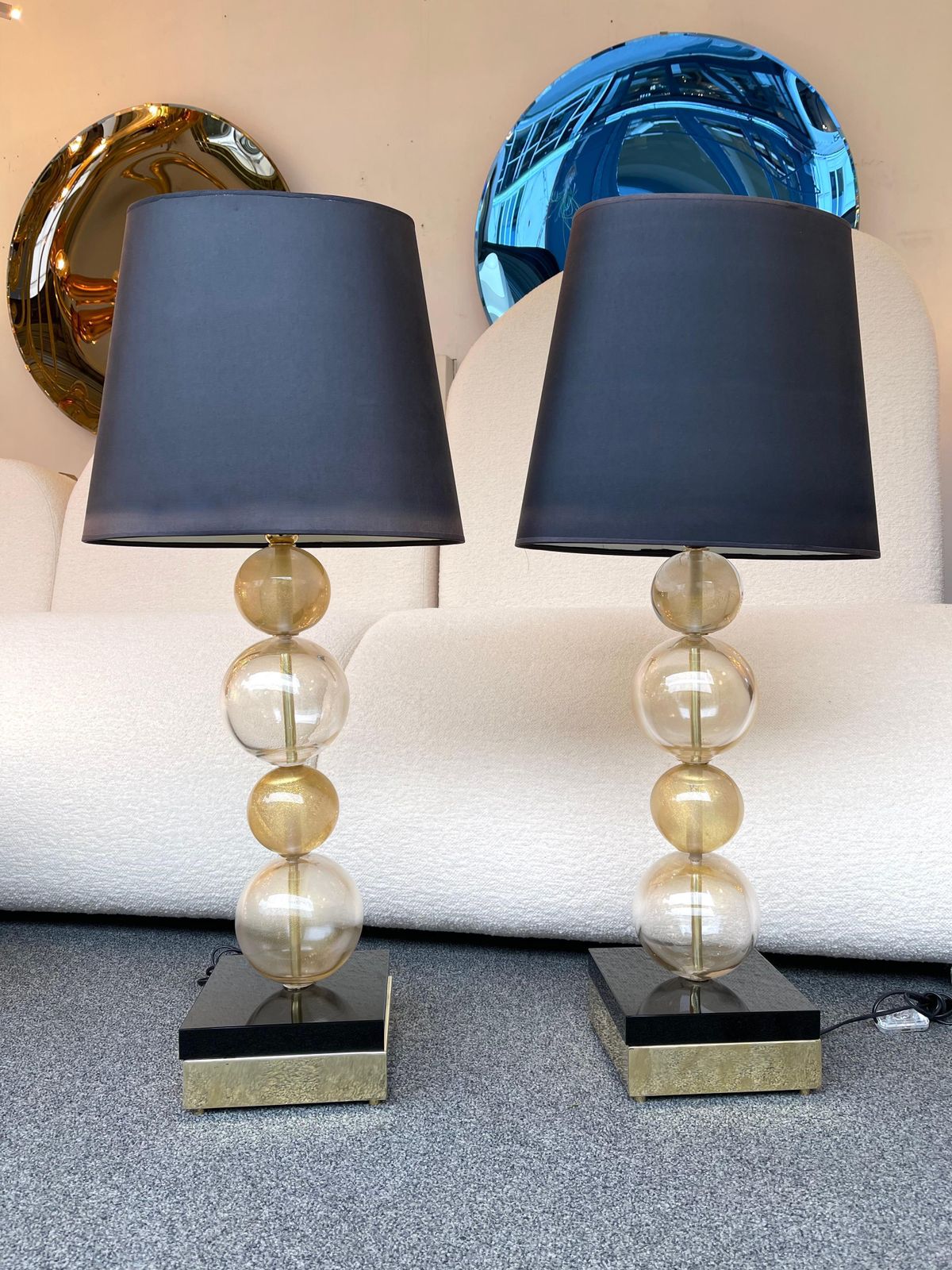 Contemporary Pair Of Gold Bubble Murano Glass And Brass Lamps, Italy photo vintage