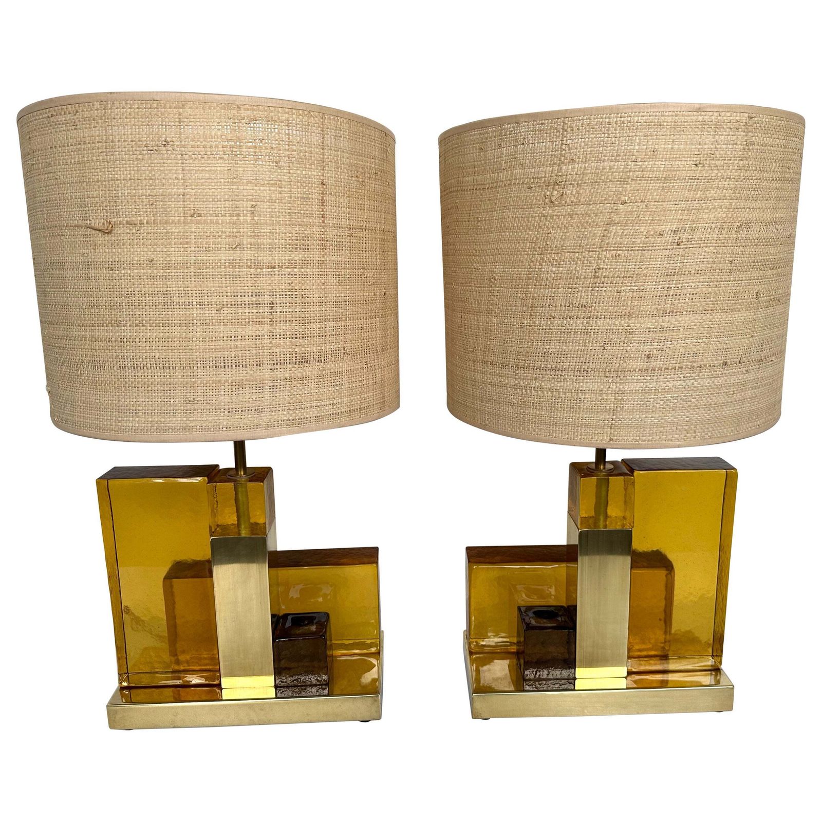 Contemporary Pair Of Lamps Cubic Yellow Amber Murano Glass And Brass, Italy