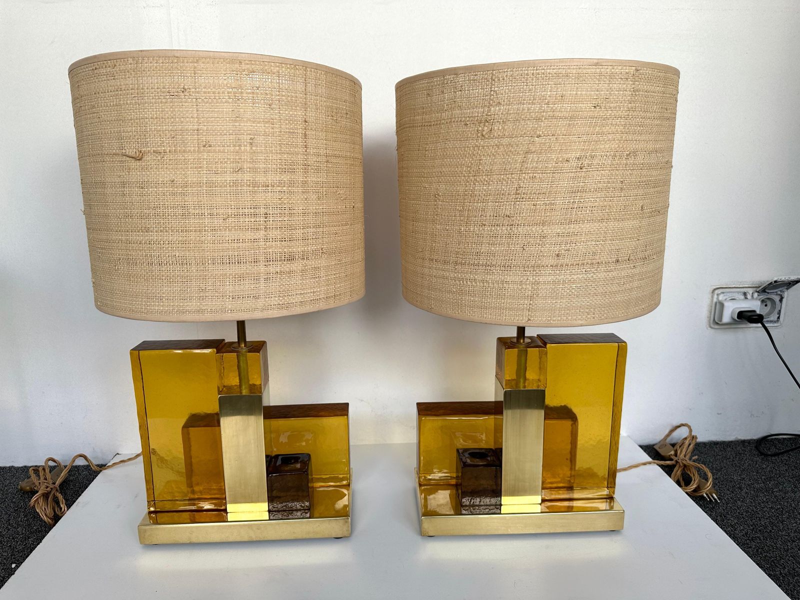 Contemporary Pair Of Lamps Cubic Yellow Amber Murano Glass And Brass, Italy photo furniture