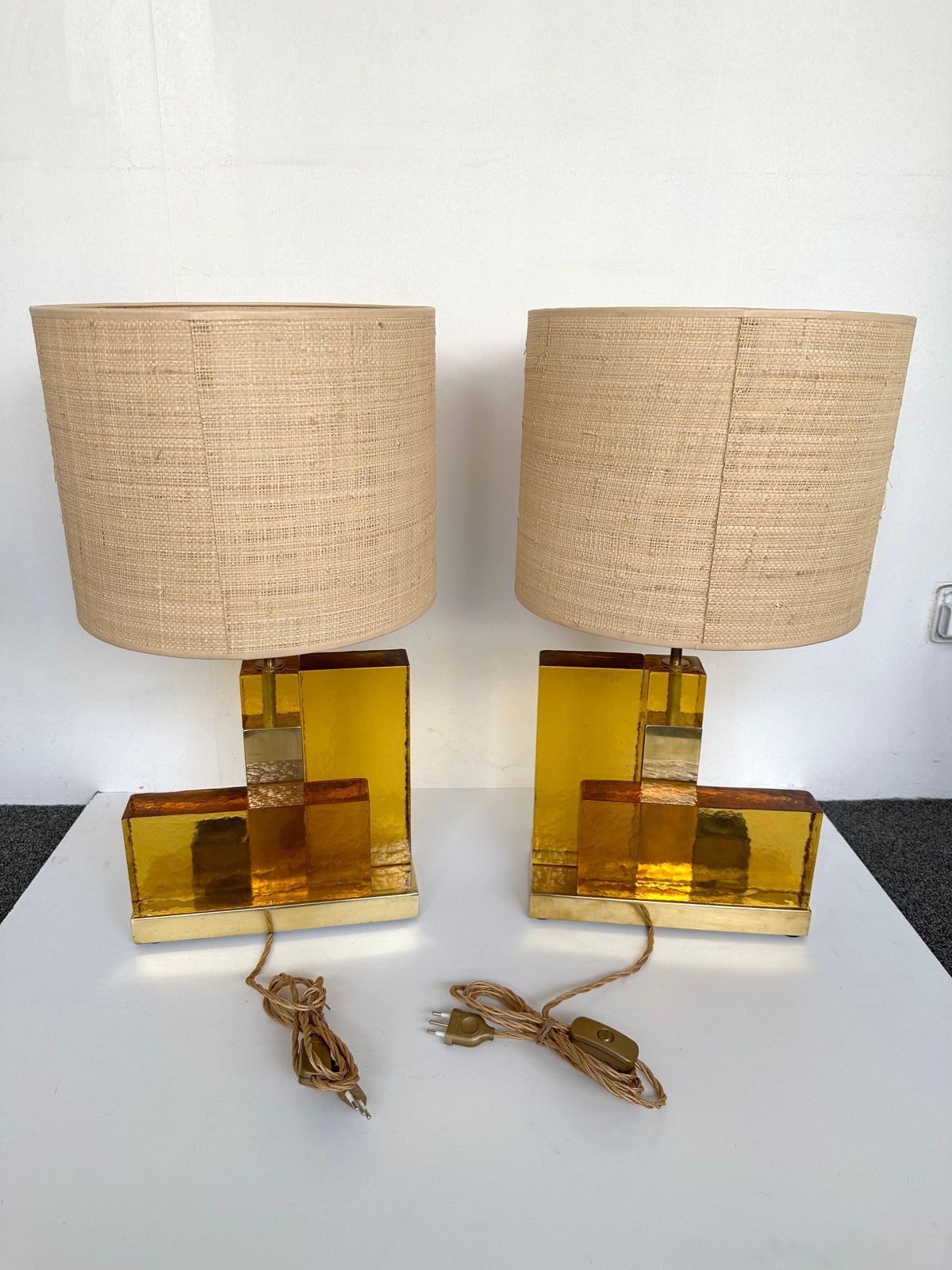 Contemporary Pair Of Lamps Cubic Yellow Amber Murano Glass And Brass, Italy photo for sale