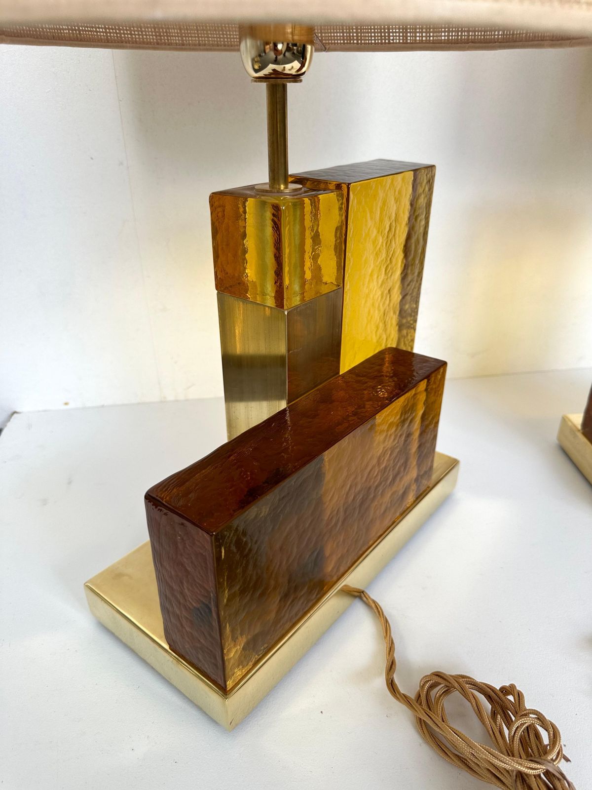 Contemporary Pair Of Lamps Cubic Yellow Amber Murano Glass And Brass, Italy photo Lighting