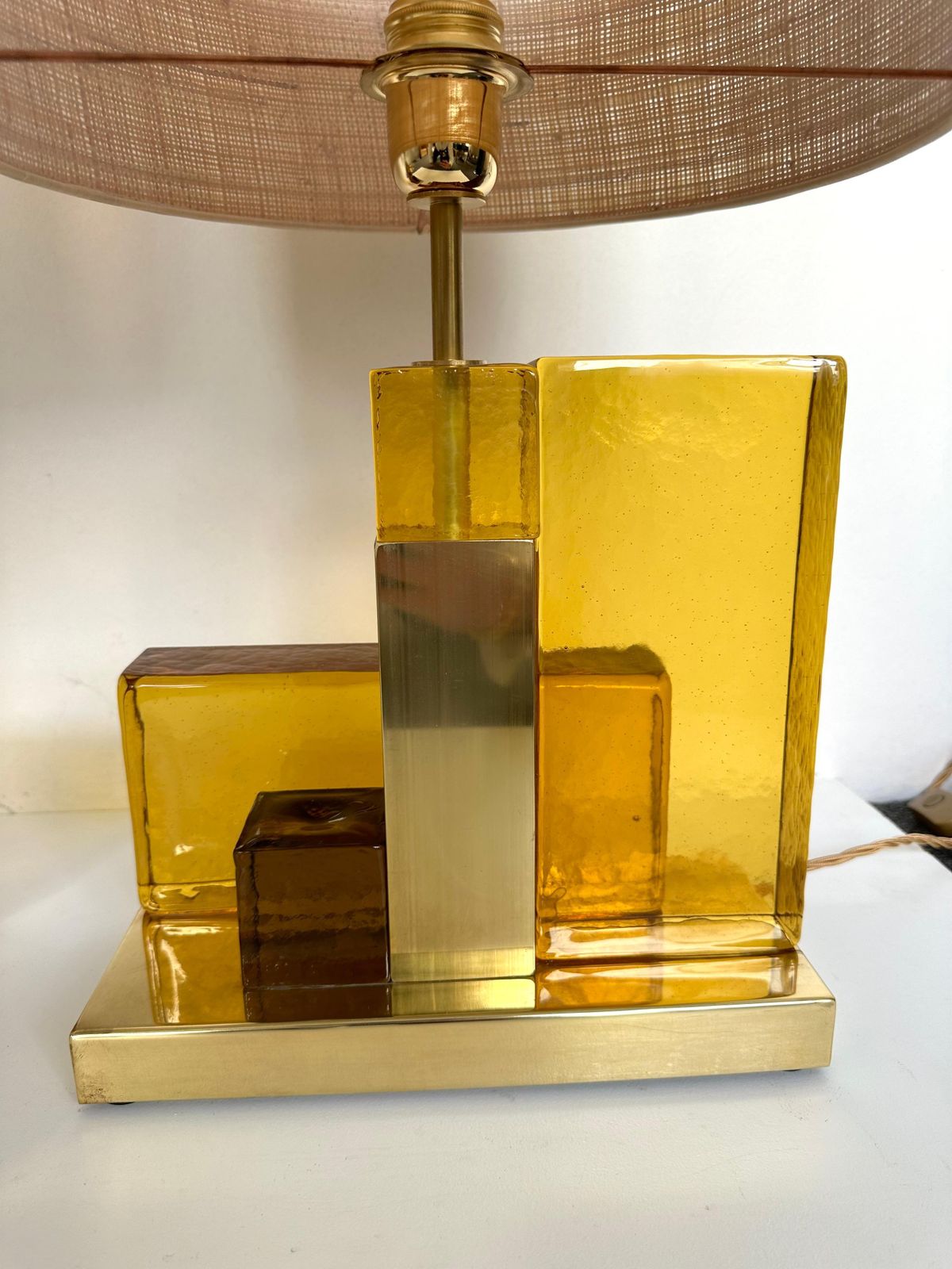 Contemporary Pair Of Lamps Cubic Yellow Amber Murano Glass And Brass, Italy photo buy
