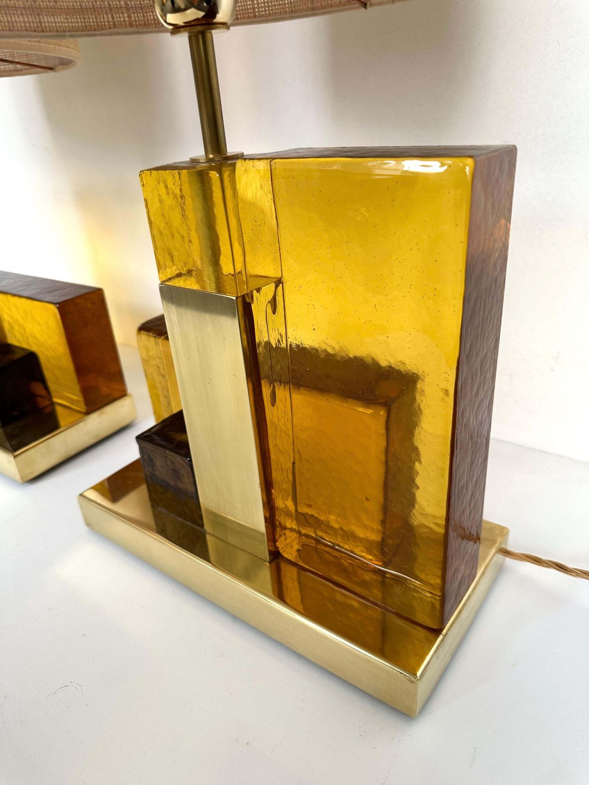 Contemporary Pair Of Lamps Cubic Yellow Amber Murano Glass And Brass, Italy photo vintage