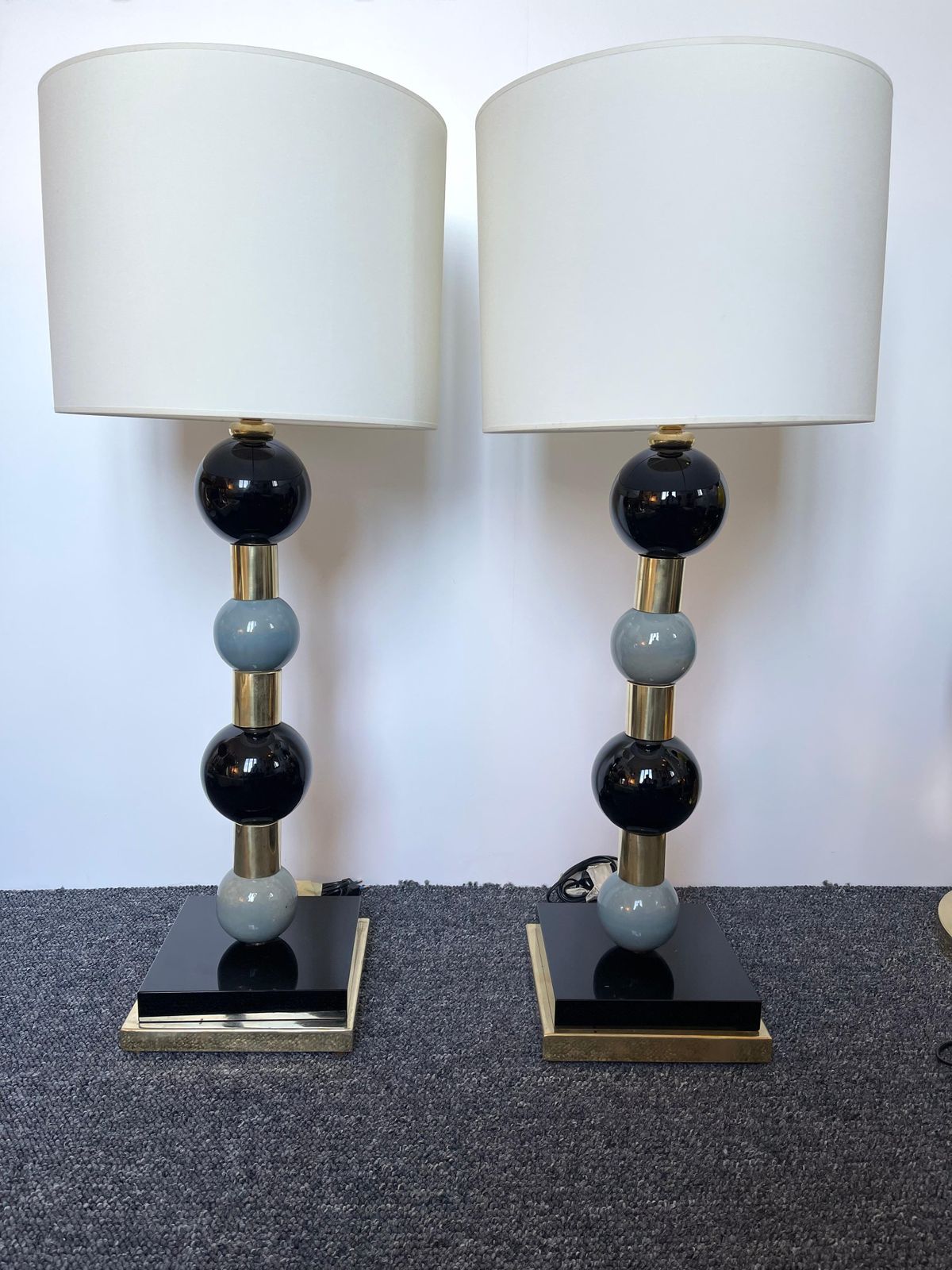 Contemporary Pair Of Brass Murano Glass And Ceramic Ball Lamps, Italy photo for sale
