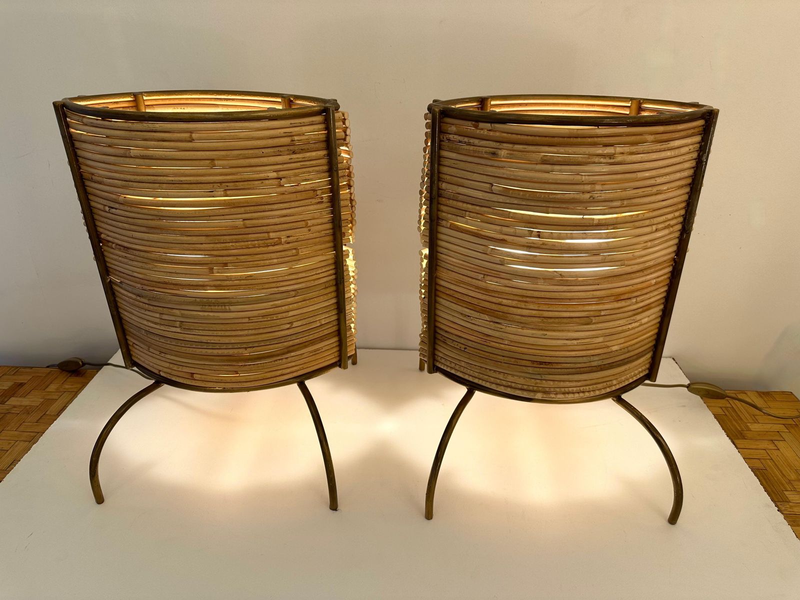 Pair Of Rattan And Gilt Metal Lamps. Italy, 2000s photo vinterior