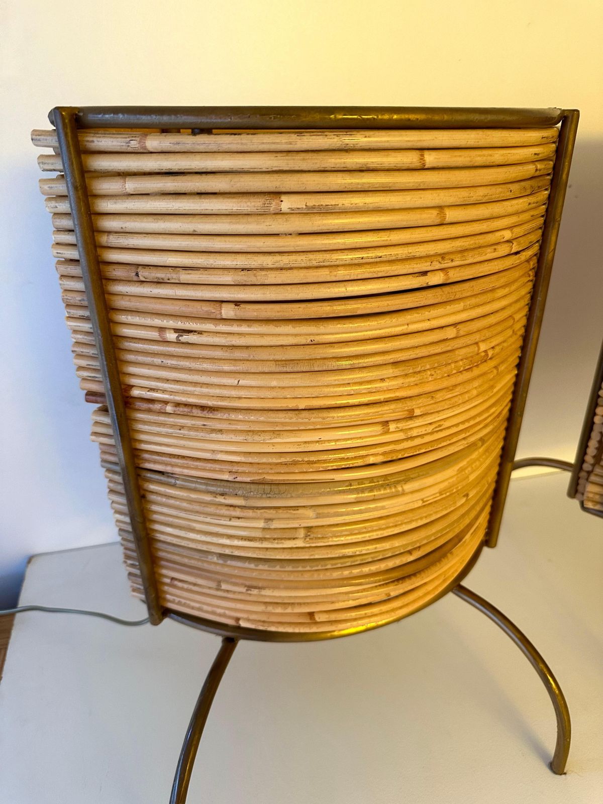 Pair Of Rattan And Gilt Metal Lamps. Italy, 2000s photo vintage