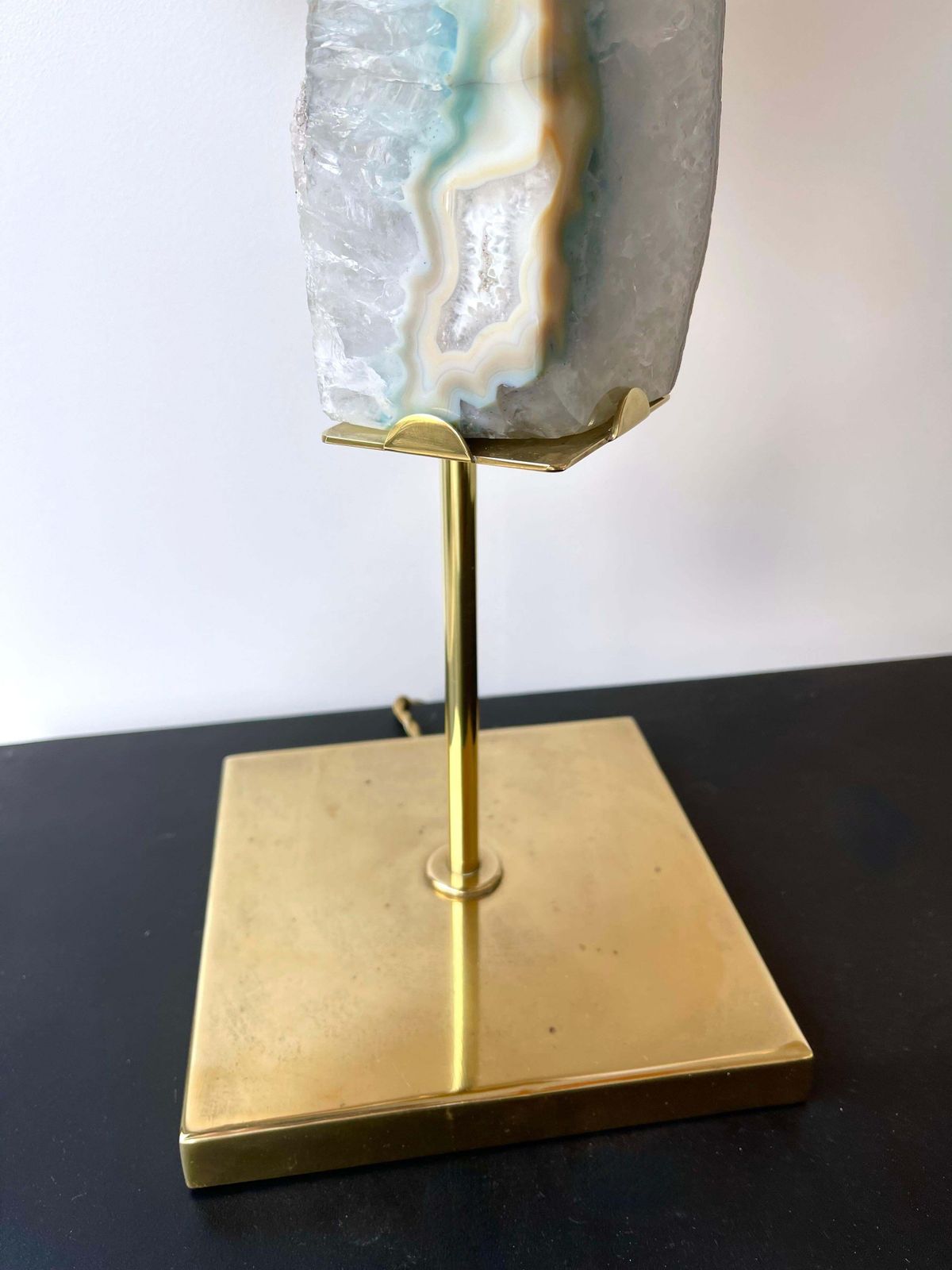 Contemporary Pair Of Brass Lamps Blue Agate Stone Rattan Shades. Italy photo furniture