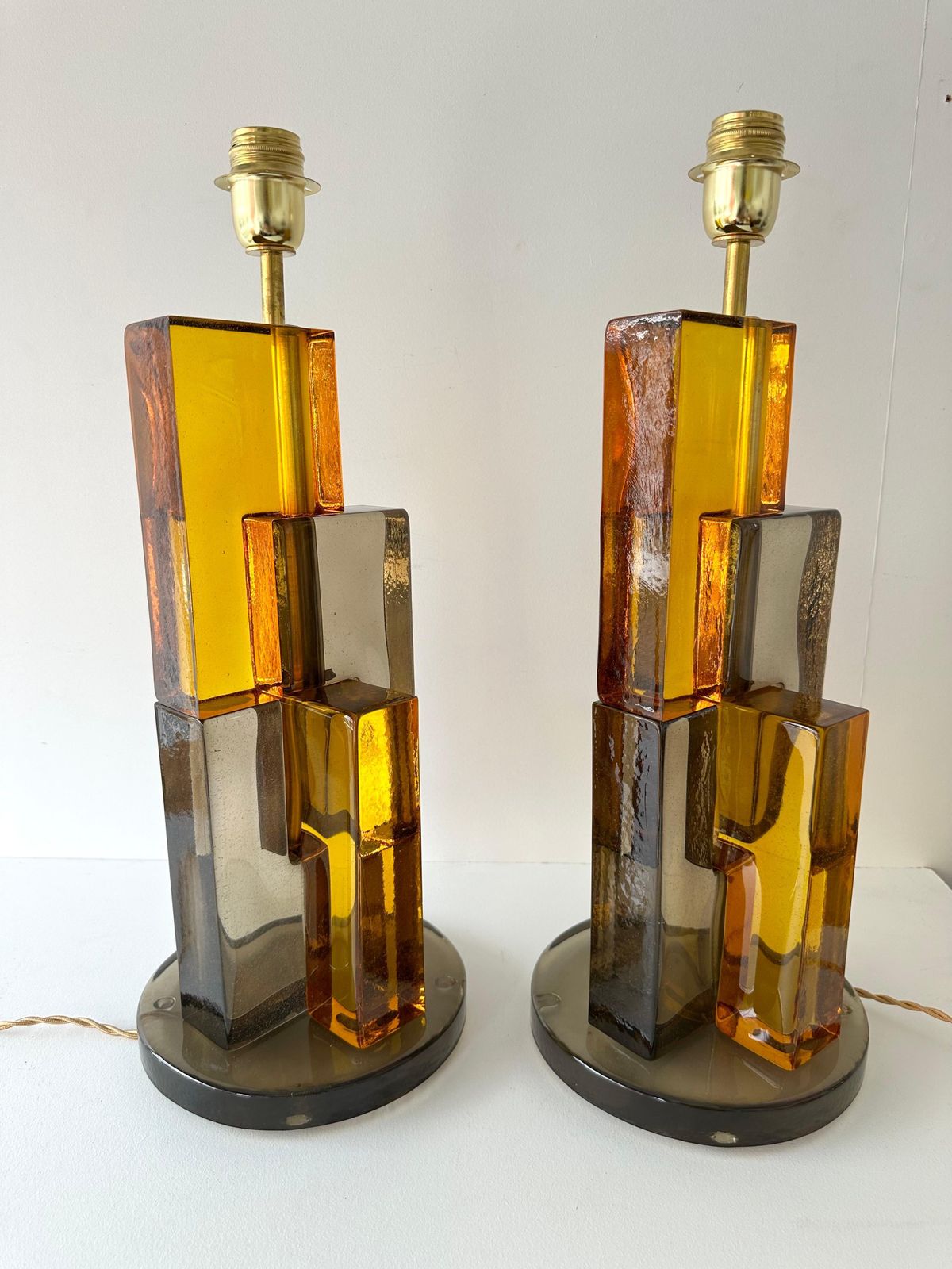 photo for sale Contemporary Pair Of Lamps Amber Smoke Cubic Murano Glass And Brass, Italy