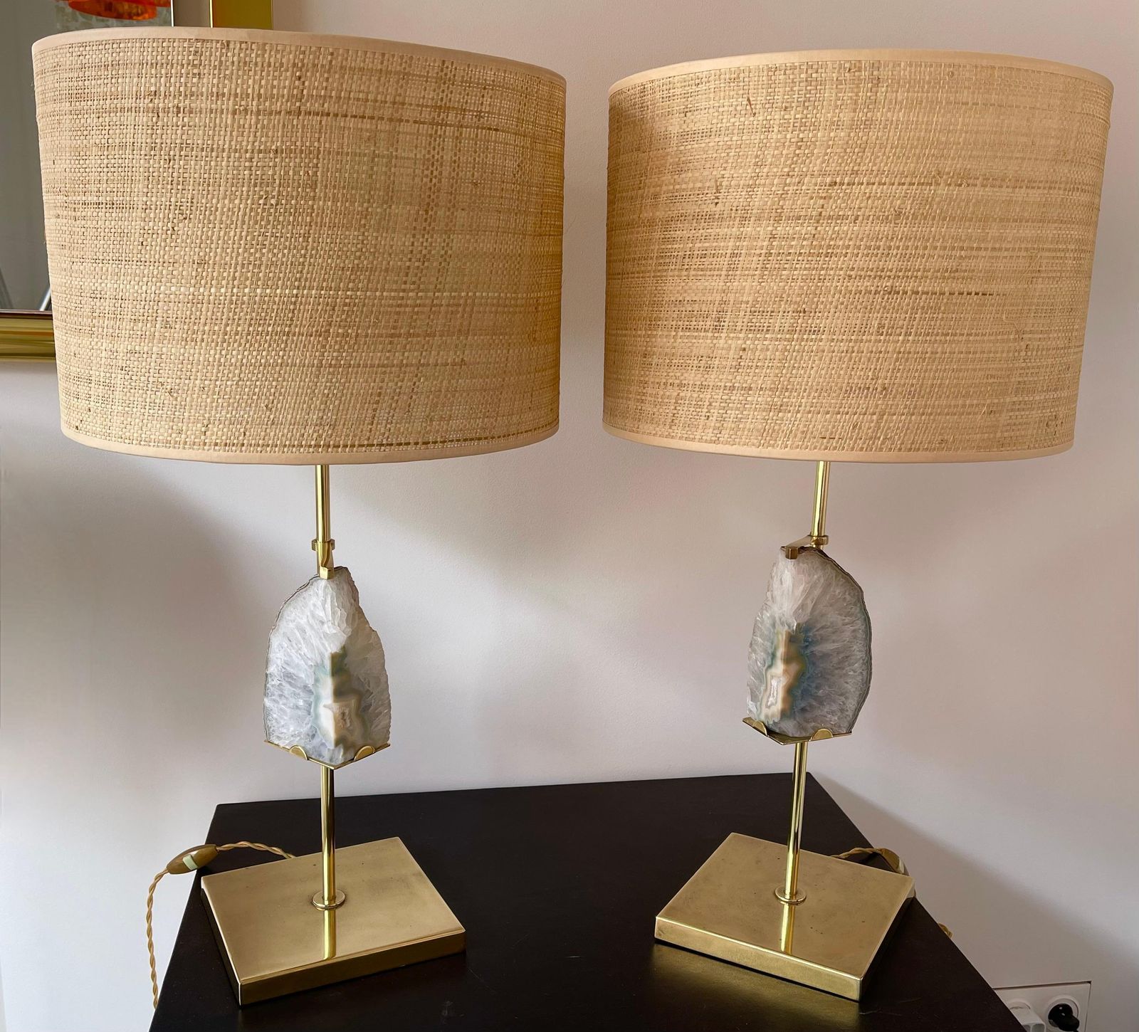 photo vinterior Contemporary Pair Of Brass Lamps Blue Agate Stone Rattan Shades. Italy